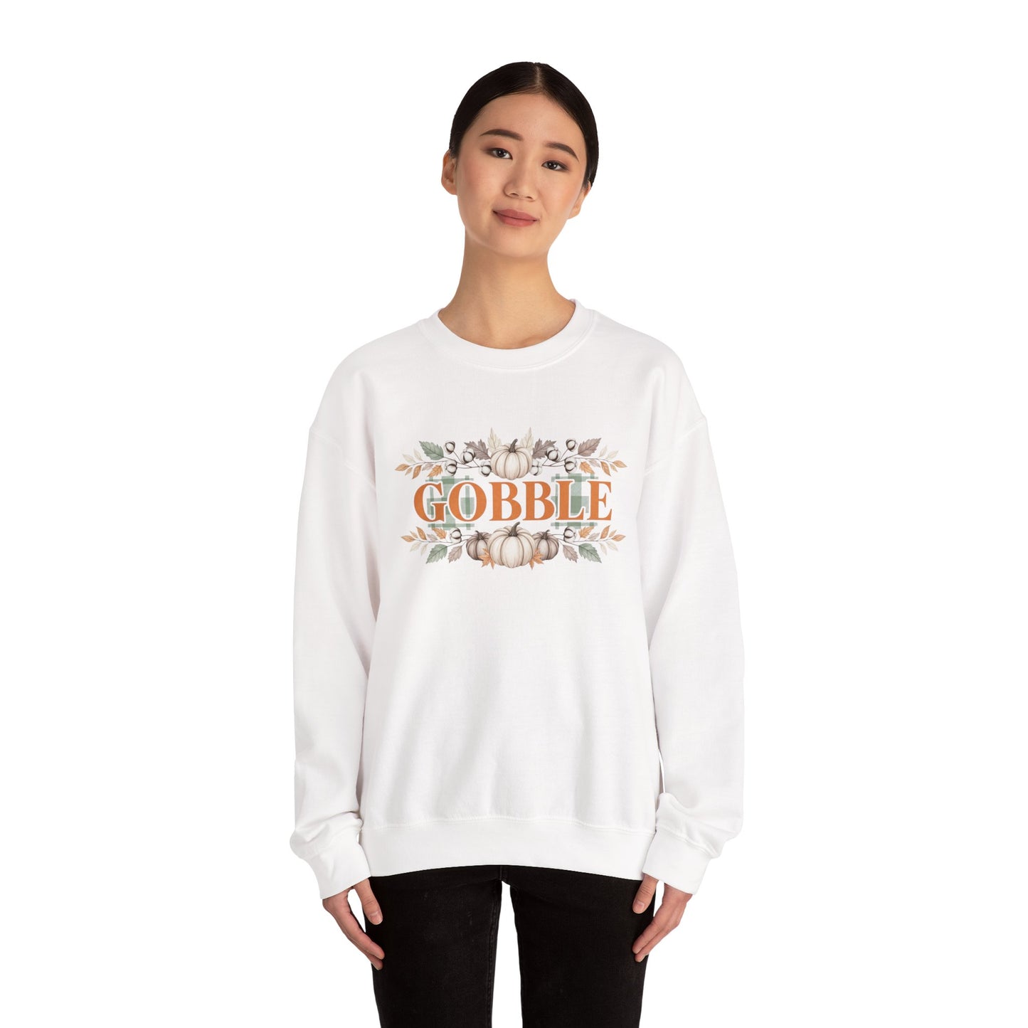 Gobble Thanksgiving Sweatshirt, Neutral Fall Pumpkin Crewneck, Autumn Cotton Stems Leaves Pullover, Cozy Rustic Thanksgiving Top