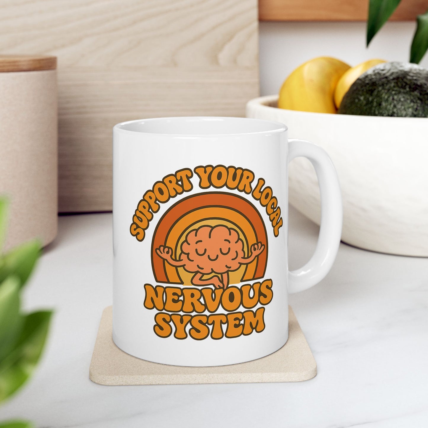 Support Your Local Nervous System Mug | Funny Brain Coffee Cup, Mental Health Gift, Retro Neurodiversity Humor Tea Mug for Self Care