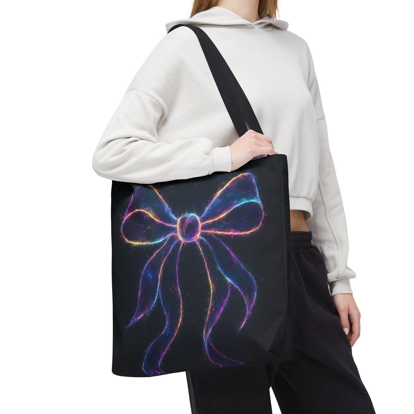 Galaxy Glow Bow Tote Bag, Cosmic Neon Ribbon Design, Black Space Art Bag, Celestial Gift For Her, Stylish Reusable Everyday Tote