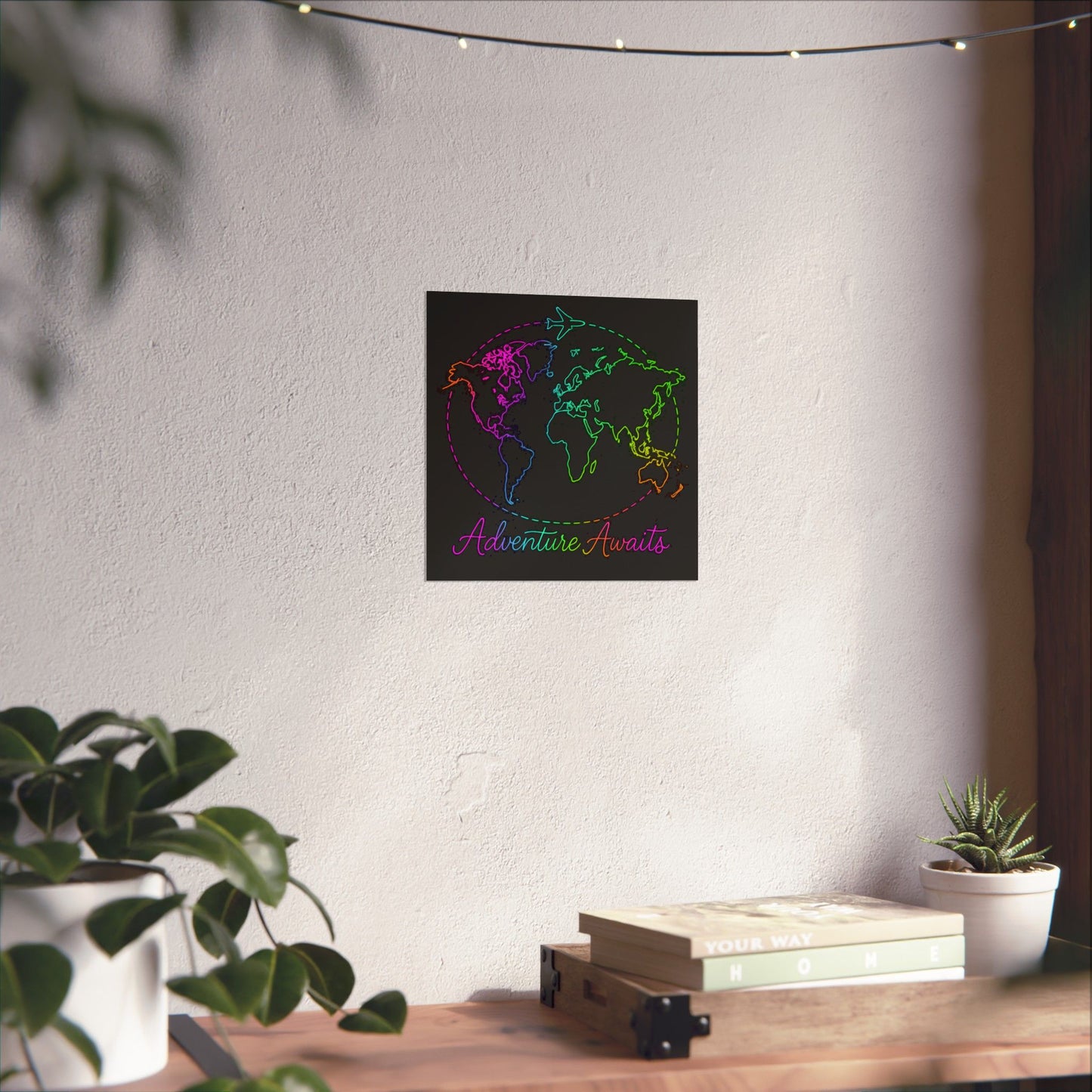 Adventure Awaits Neon Poster - Y2K Rainbow World Map and Plane Wall Art - Travel Aesthetic Decor for Office, Dorm, Bedroom + Gift