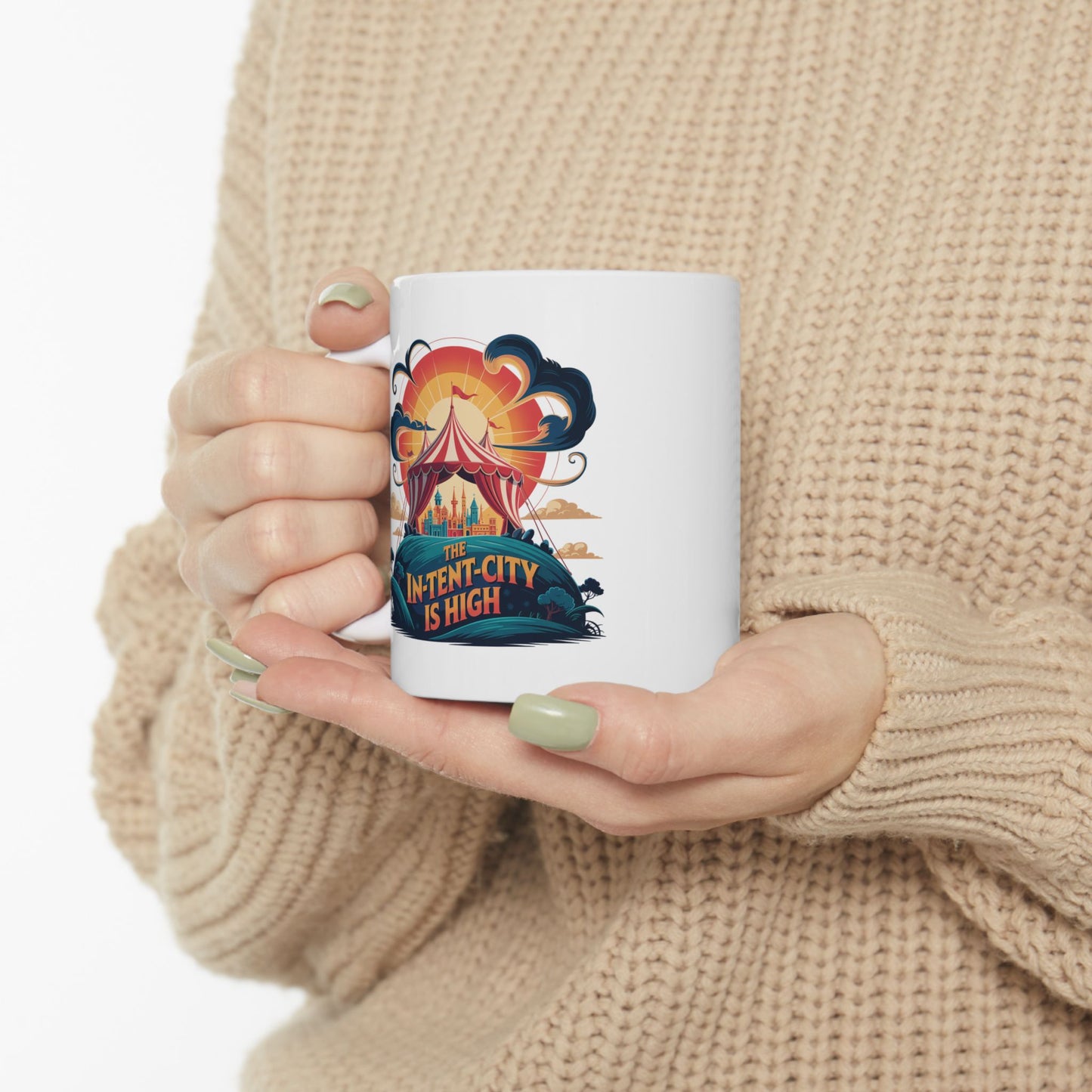 Funny Camping Coffee Mug • The In-Tent-City is High Pun Cup • Outdoor Adventure Gift • Festival Coffee Mug • Camping Humor Drinkware