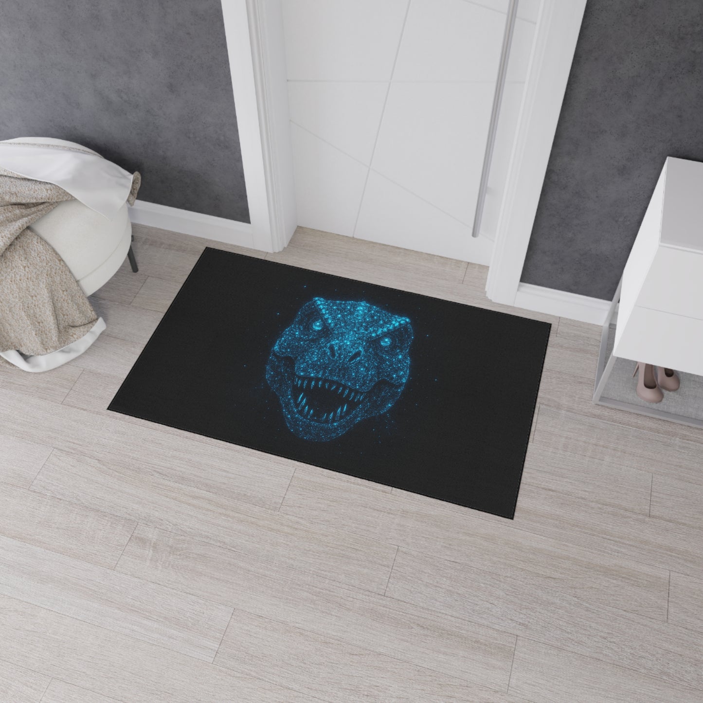 Bioluminescent-Style T-Rex Doormat – Neon Blue Dinosaur Skull Rug, Bold Dinosaur Door Mat, Non-Slip Entryway Rug, Unique Gift for Dino Lovers