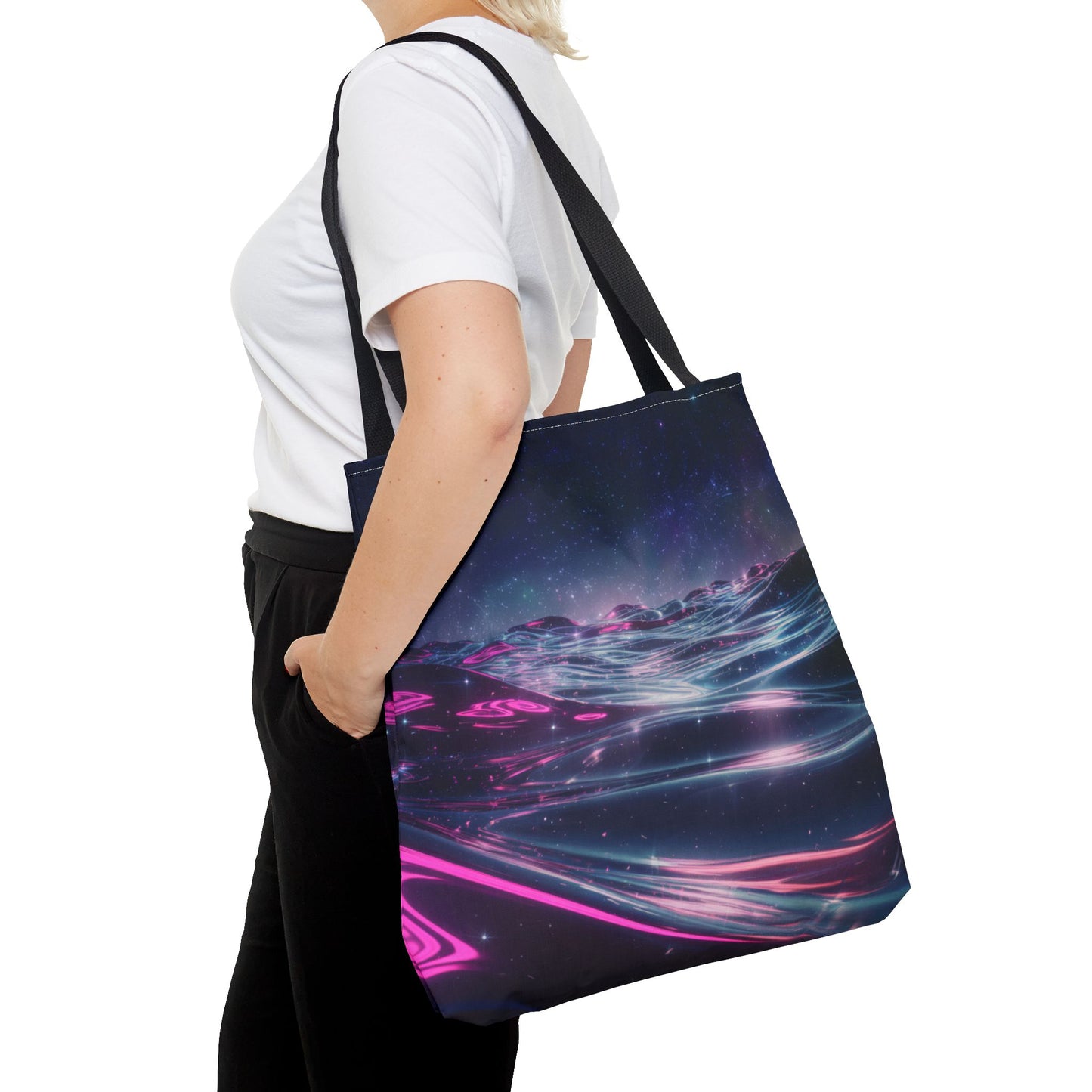 Neon Wave Horizon Tote Bag, Futuristic Ocean Design With Pink And Blue Light, Sci-Fi Aesthetic Reusable Tote For Travel, Gifts, And Everyday Use