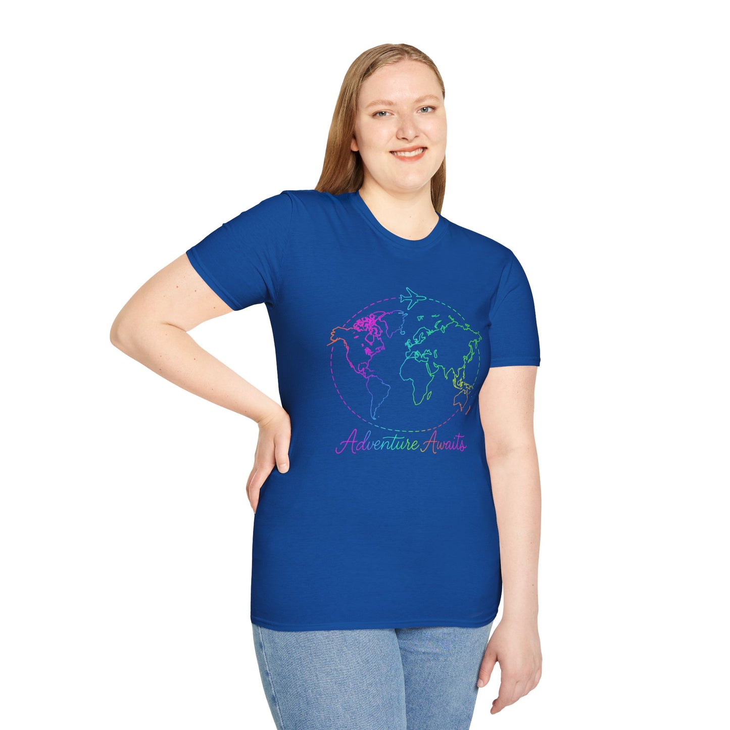 Adventure Awaits Neon Y2K Shirt - Retro Travel Tee, Rainbow Globe Graphic, Aesthetic Vacation Top, Y2K Gift for Travelers