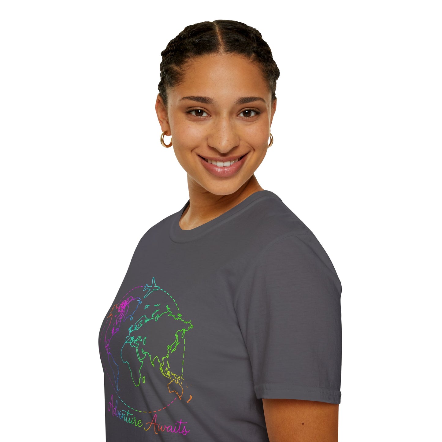Adventure Awaits Neon Y2K Shirt - Retro Travel Tee, Rainbow Globe Graphic, Aesthetic Vacation Top, Y2K Gift for Travelers