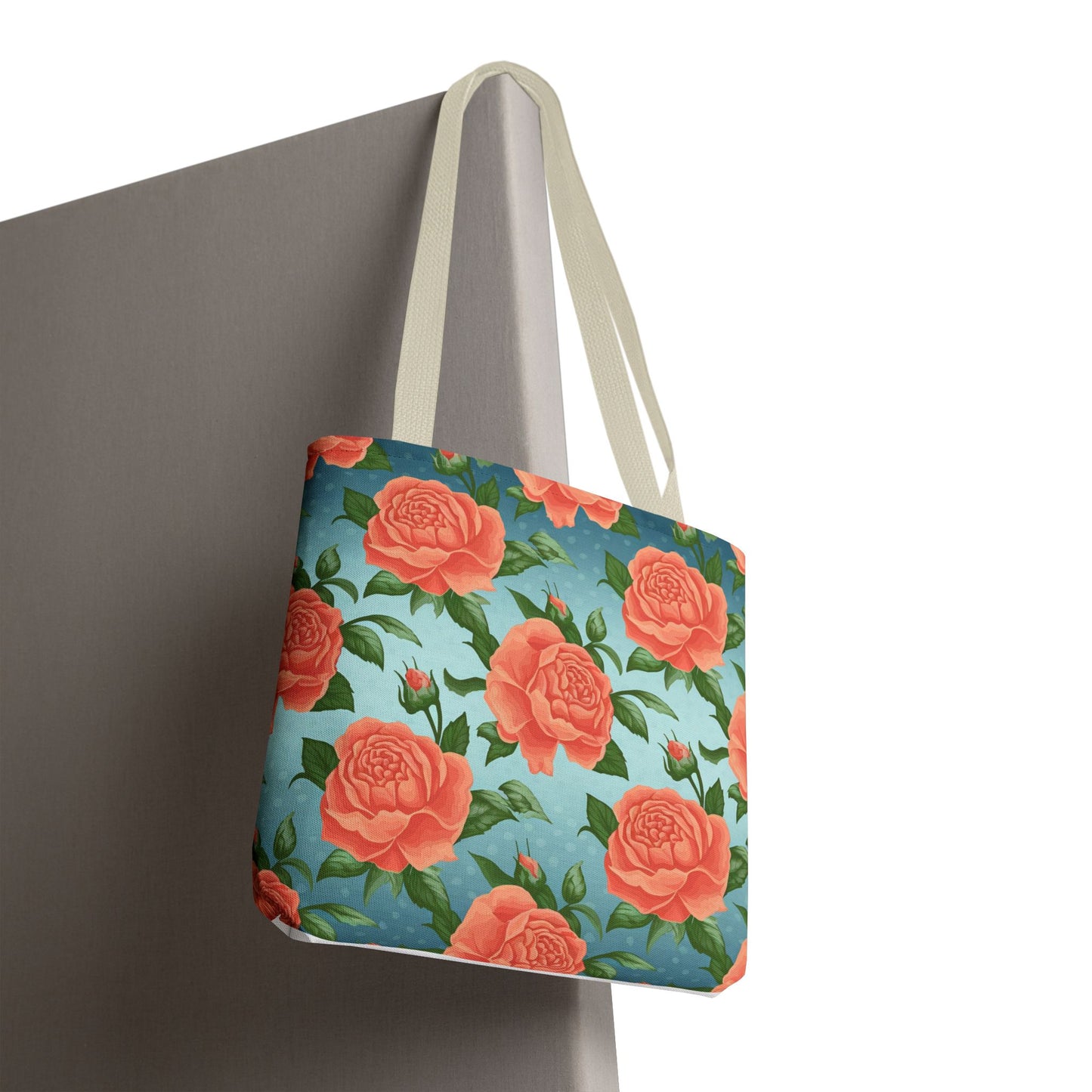 Vintage Floral Tote Bag – Coral Rose Pattern on Blue Background – Aesthetic Everyday Carry Bag – Reusable Fabric Market Tote Gift