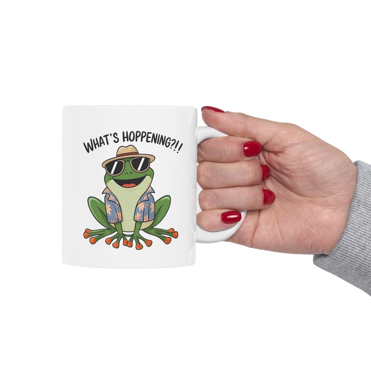 What’s Hoppening?! Frog Mug – Funny Tropical Frog in Hawaiian Shirt Coffee Cup, Cute Animal Ceramic Mug, Funky Gift for Frog Lovers