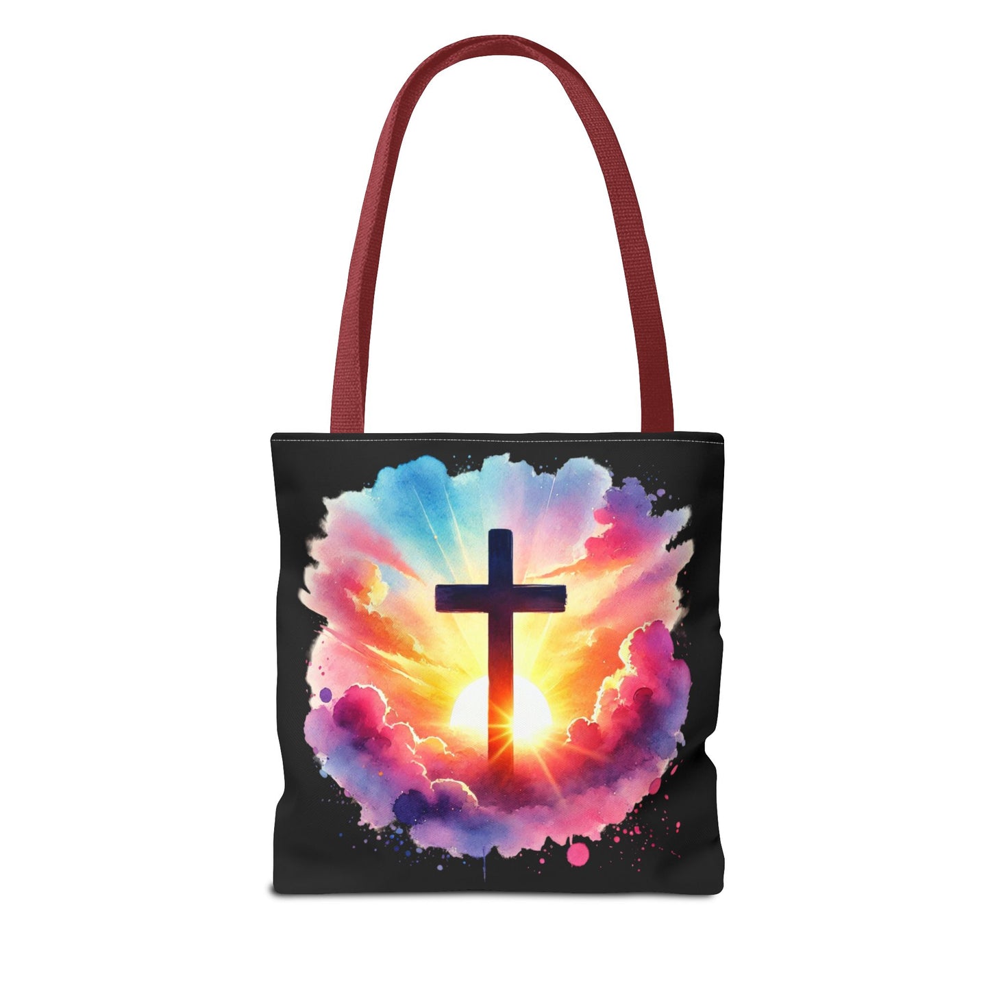 Inspirational Watercolor Sunrise Cross Tote Bag – Faith Art Canvas Tote, Christian Gift, Spiritual Aesthetic, Colorful Bible Verse Tote – Reusable Black Tote