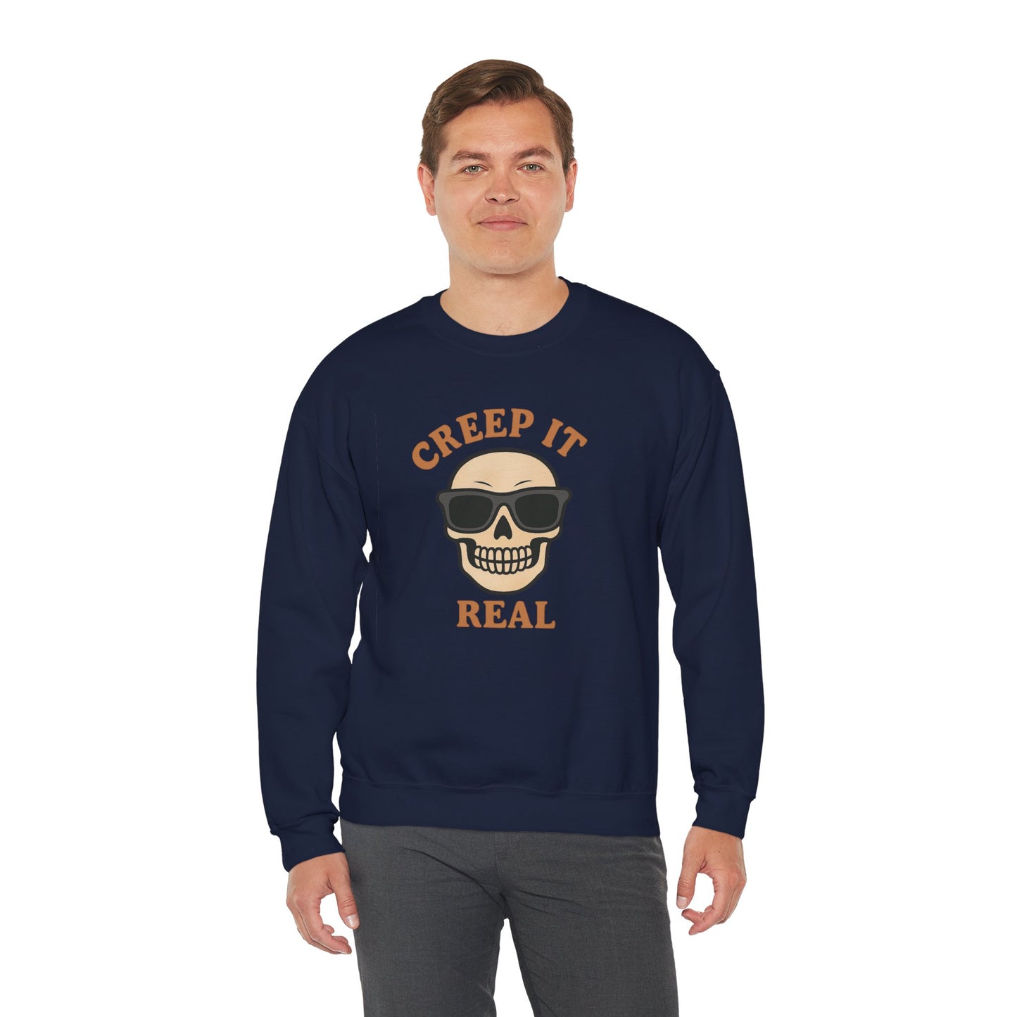 Creep It Real Skull Sweatshirt, Funny Halloween Skull Crewneck, Spooky Skeleton Pullover, Dark Graphic Sweatshirt, Unisex Halloween Gift