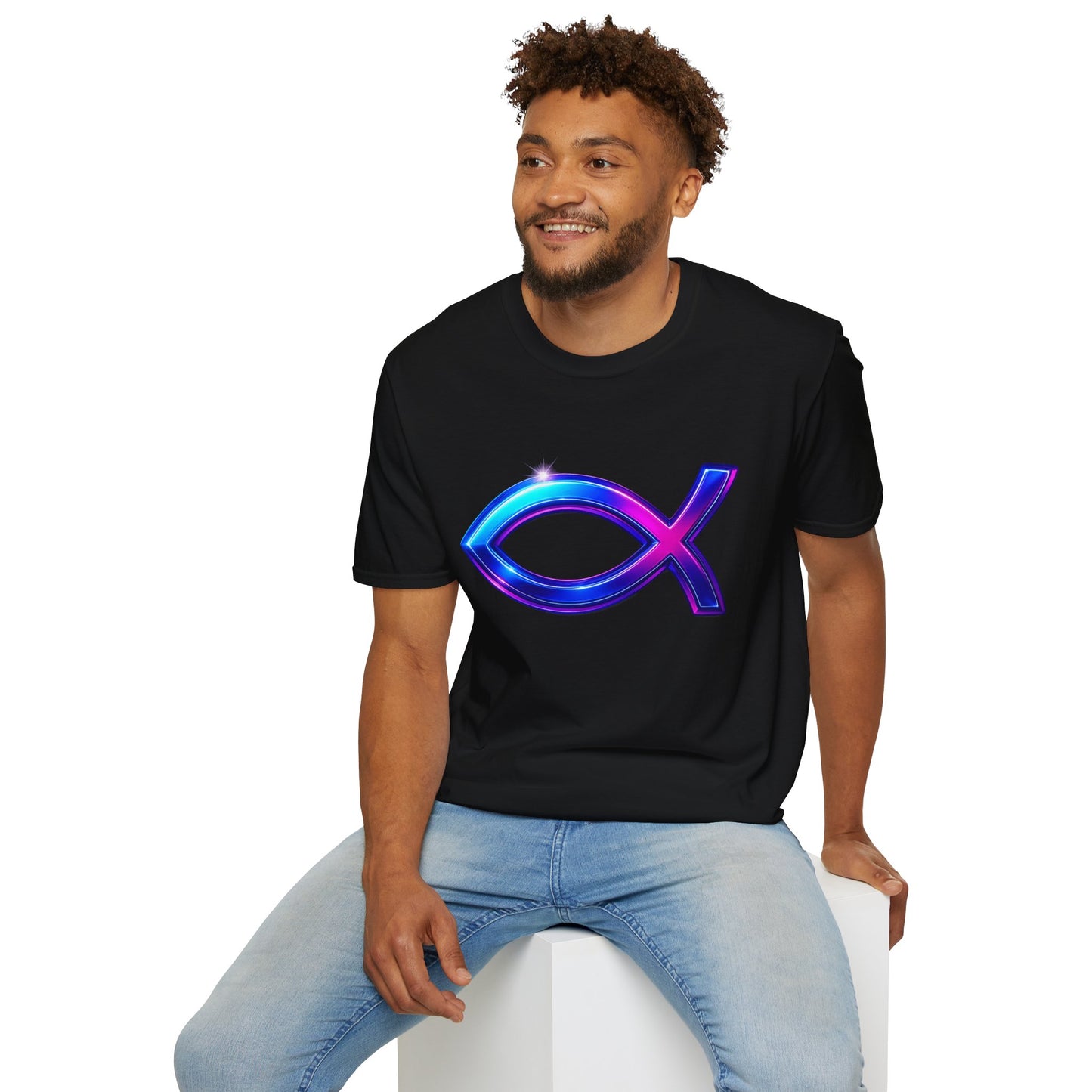 Neon Christian Fish T-Shirt, Modern Faith Tee, Ichthys Jesus Shirt, Spiritual Gift For Men And Women, Glow Cross Symbol Graphic Tee