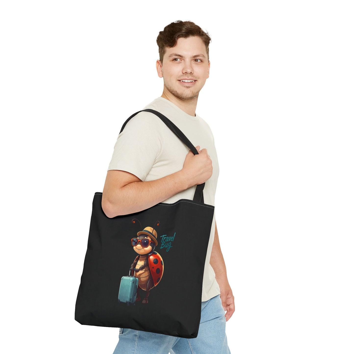Travel Bug Tote Bag | Cute Ladybug with Suitcase Art Tote – Whimsical Travel Accessory, Aesthetic Canvas Bag | Gift for Travelers