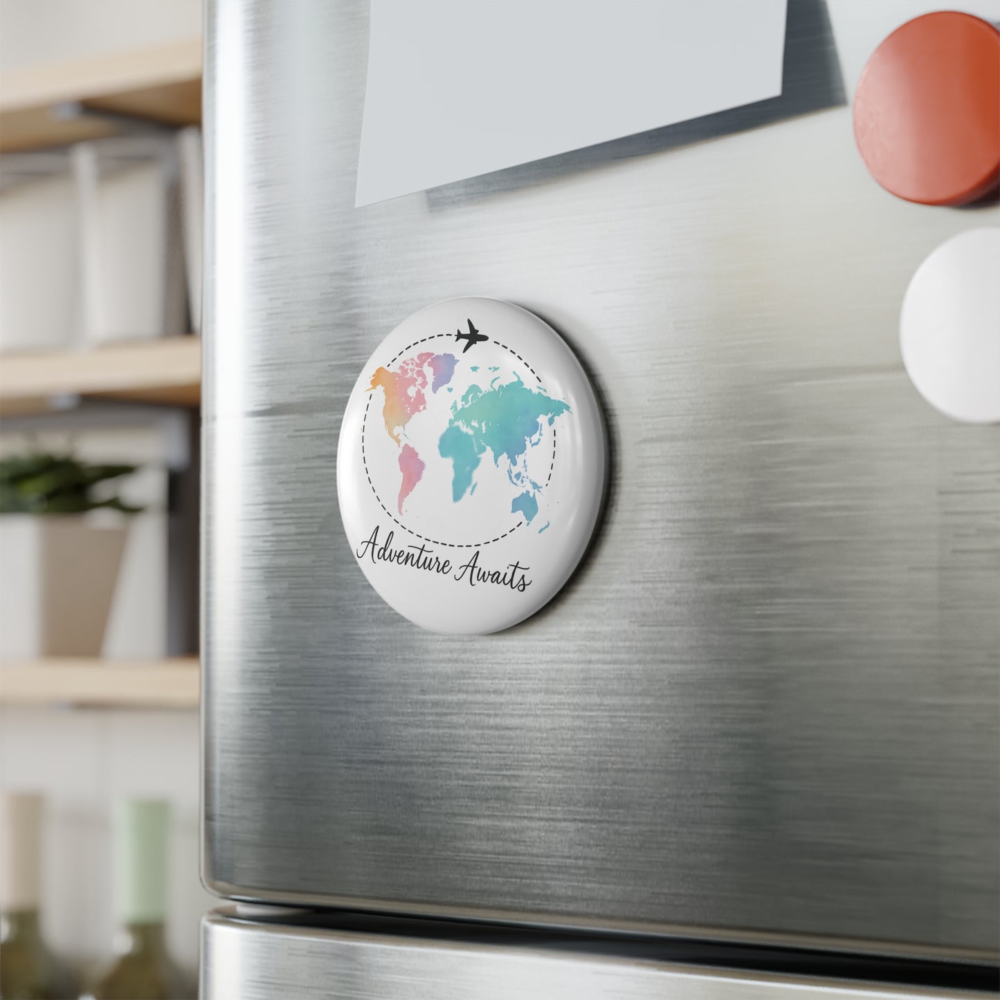 Adventure Awaits Magnet – Watercolor World Map Magnet Gift for Traveler, Wanderlust Fridge Decor, Travel Lover Airplane Magnet