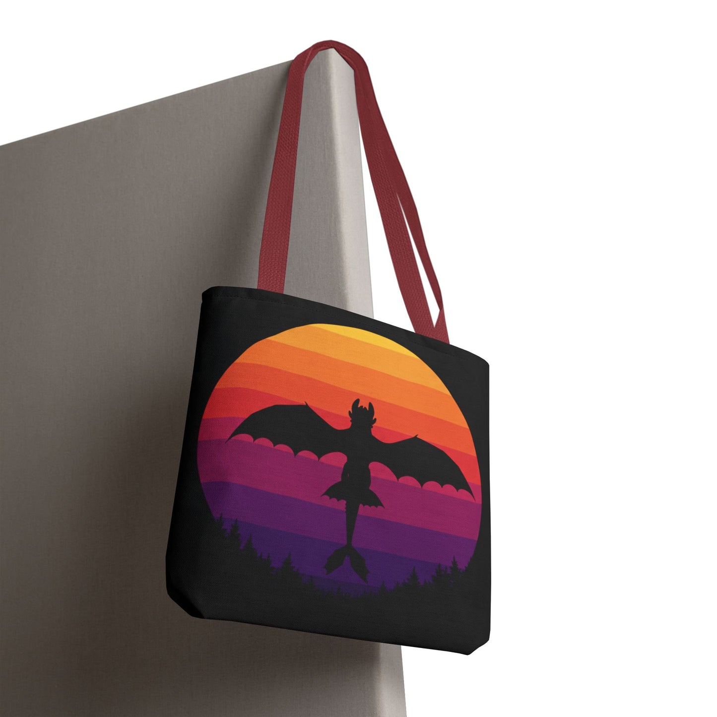 Sunset Dragon Flight Tote Bag, Reusable Eco-Friendly Shoulder Bag With Silhouette Design, Aesthetic Black Tote For Everyday Use And Gifts