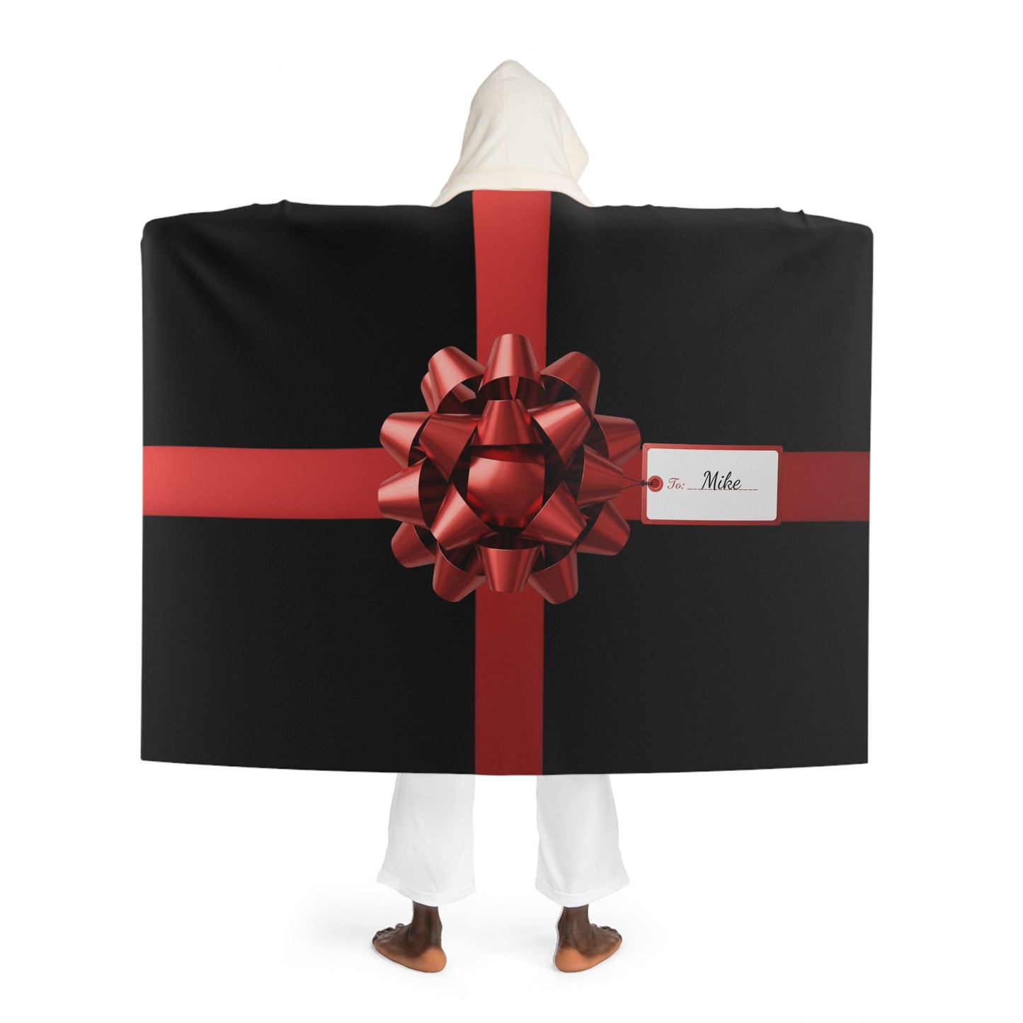 Custom Name Hooded Blanket | Gift Wrap Sherpa Fleece Throw | Cozy Personalized Christmas Gift | Holiday Red Bow Blanket for Him Her