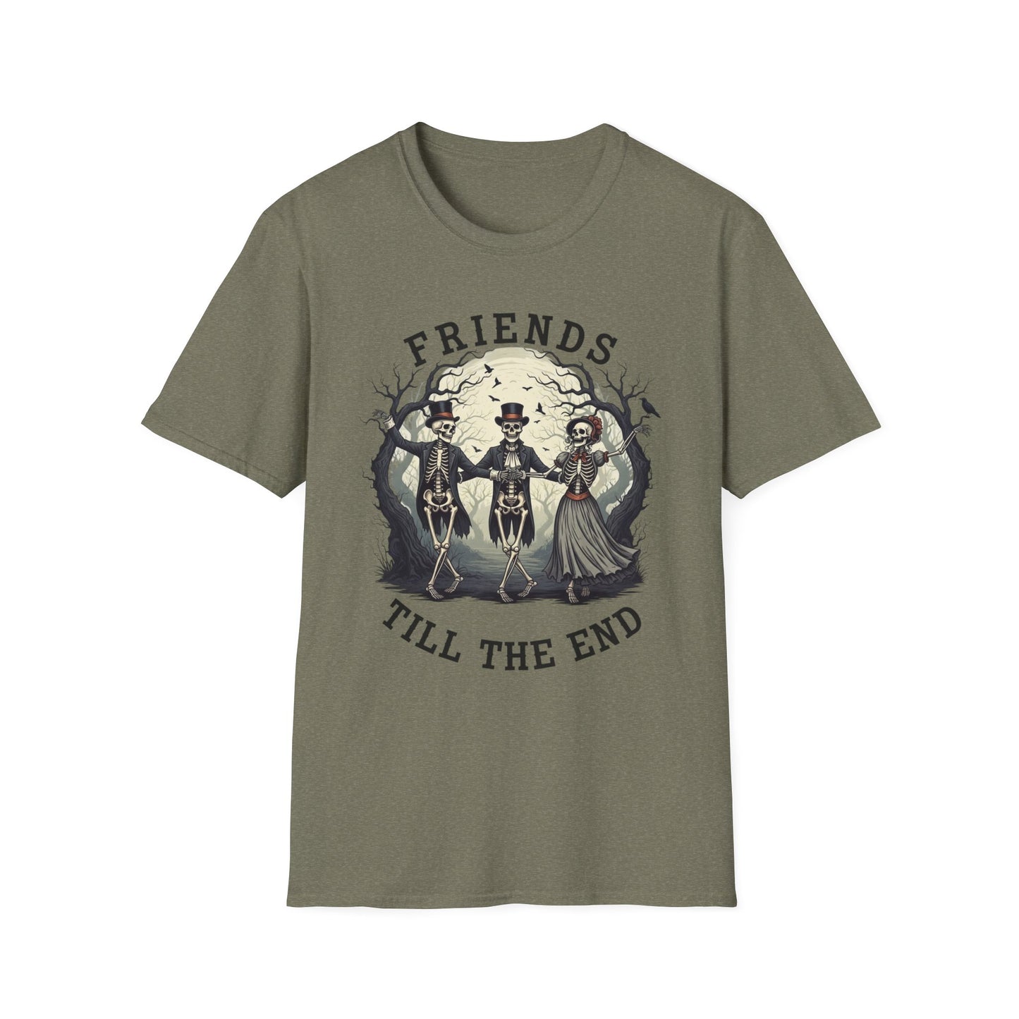 Friends Till The End Skeleton Tee | Dancing Skeleton Friends Shirt | Halloween Gothic BFF Gift | Unisex Heather Grey Graphic T-Shirt