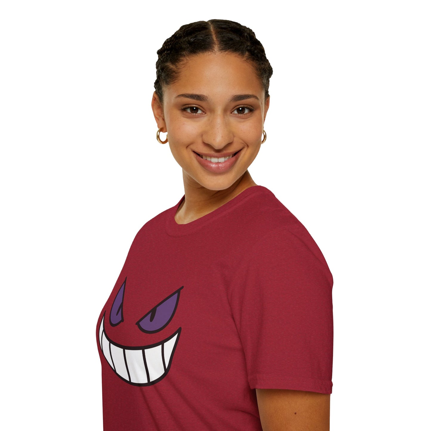 Mischievous Shadow Face Tee - Purple Eyes and Big Grin Graphic Shirt | Spooky Cute Gift, Retro Gaming Vibe, Funny Halloween Unisex Top