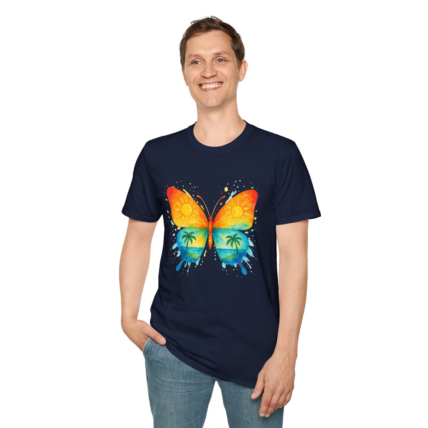Butterfly Sunset Beach Tee - Ocean & Palm Watercolor Butterfly T-Shirt, Coastal Boho Graphic, Nature Lover Gift, Unisex Casual Tee