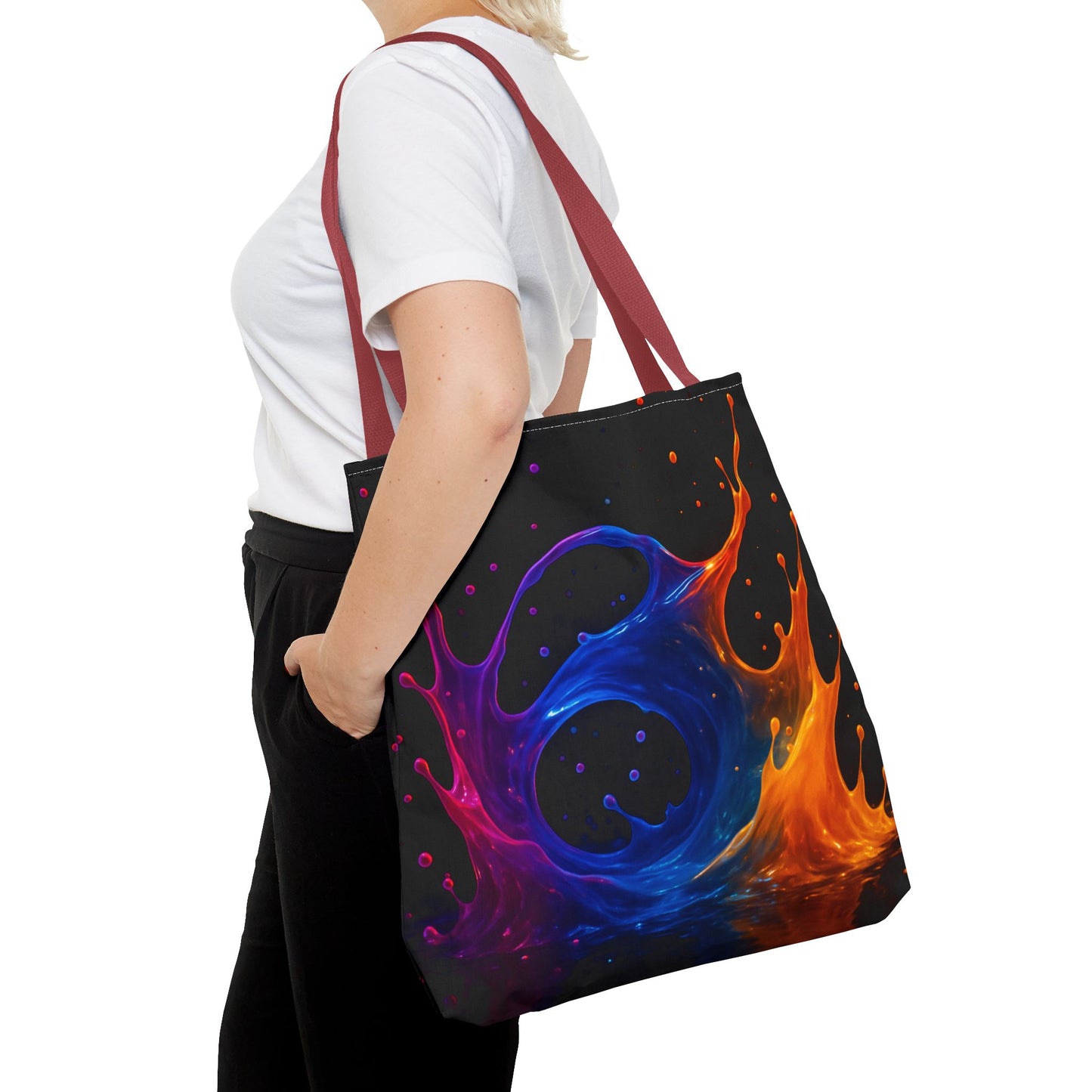 Elemental Fusion Tote Bag, Fire And Water Abstract Art Design, Vibrant Blue And Orange Splash Reusable Tote For Artists, Travel, And Everyday Use
