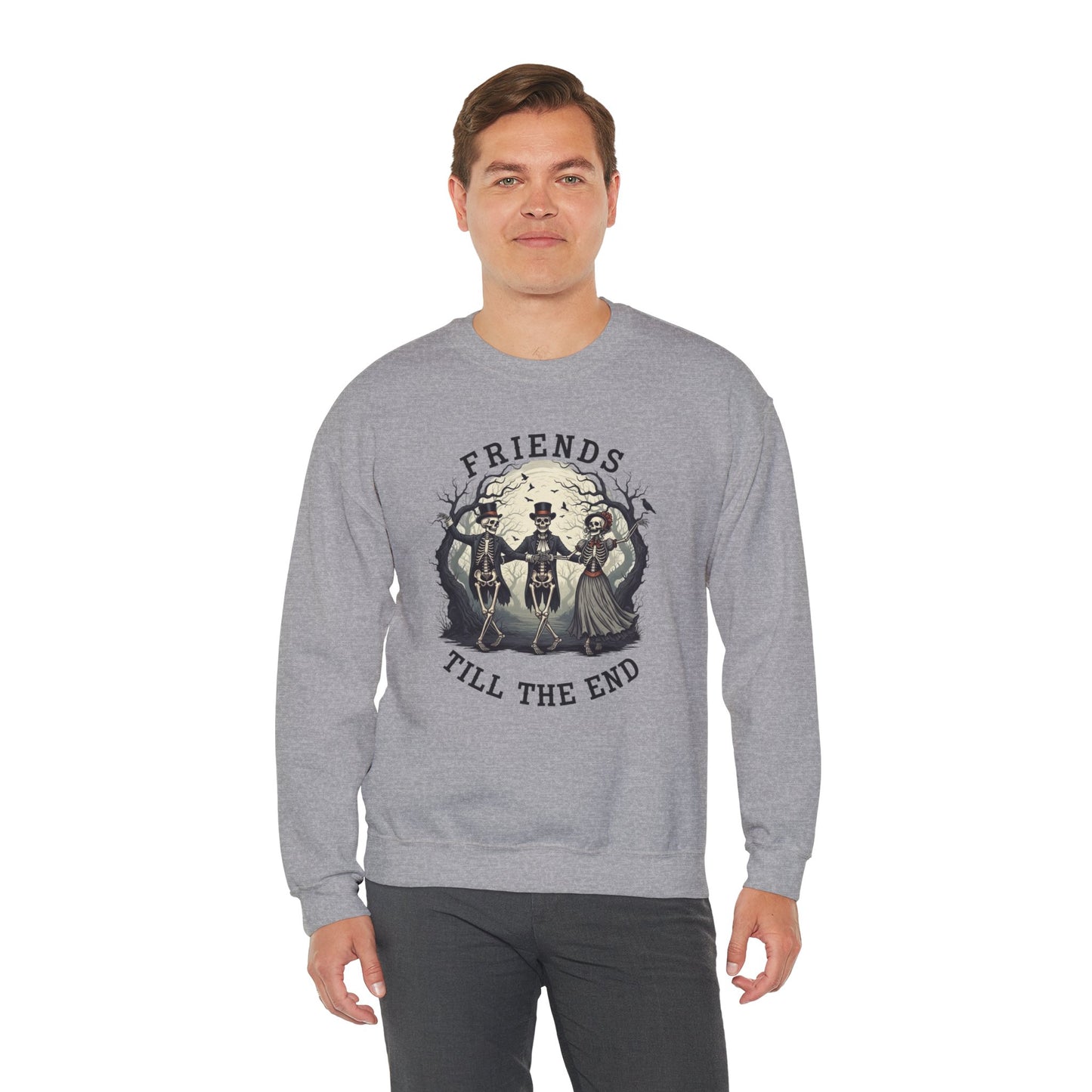 Friends Till The End Skeleton Sweatshirt | Dancing Skeletons Halloween Crewneck | Spooky Fall Graphic Pullover Gift for Bestie