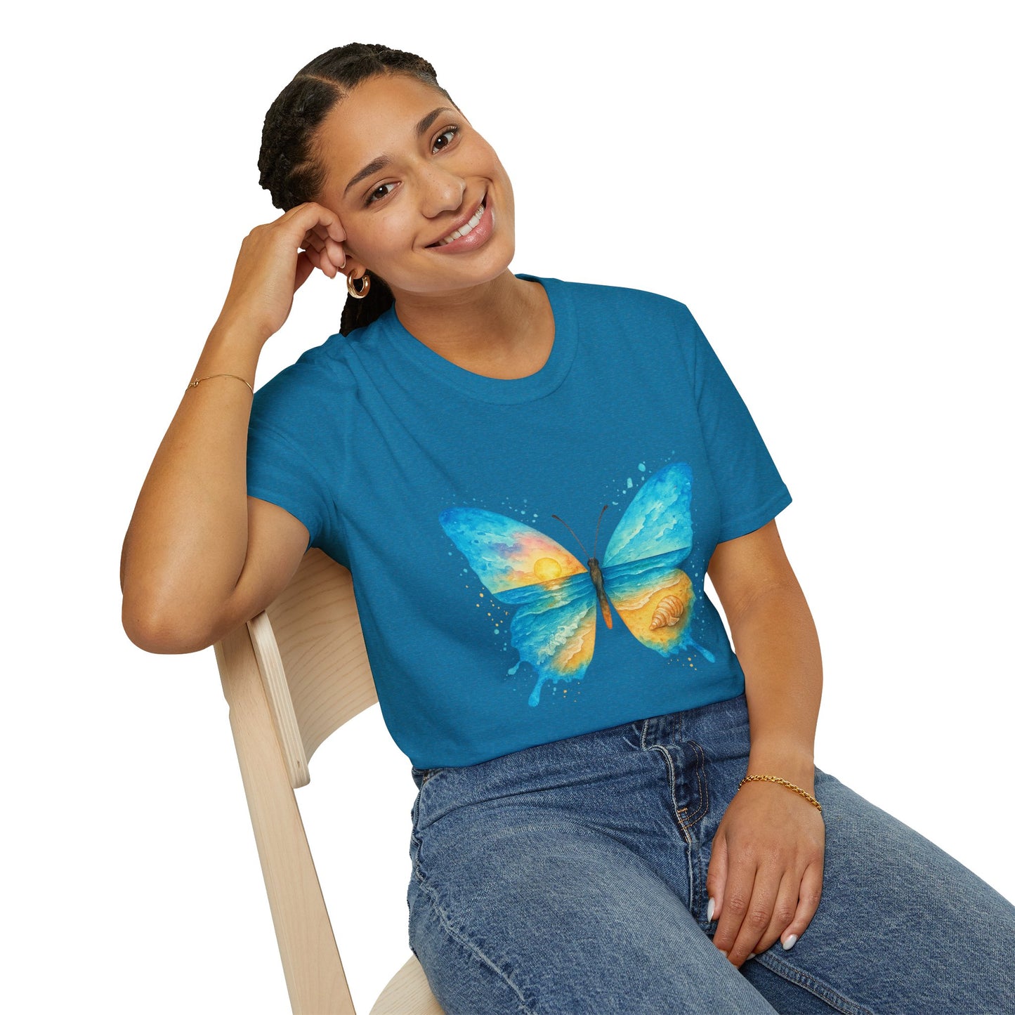 Butterfly Sunset Beach Tee - Scenic Butterfly Graphic Shirt, Nature Lover Gift, Boho Ocean Tee, Unisex Casual T-Shirt
