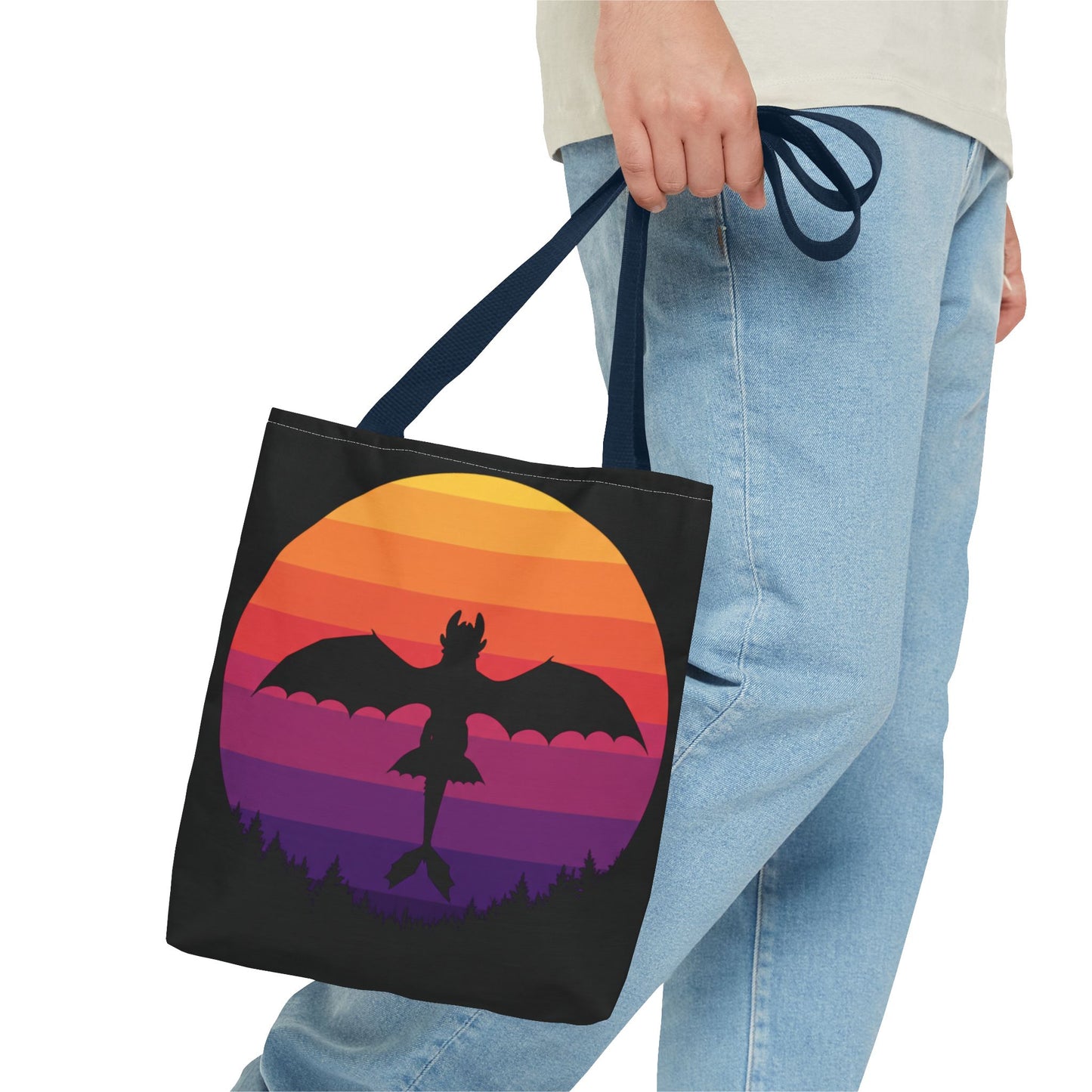 Sunset Dragon Flight Tote Bag, Reusable Eco-Friendly Shoulder Bag With Silhouette Design, Aesthetic Black Tote For Everyday Use And Gifts