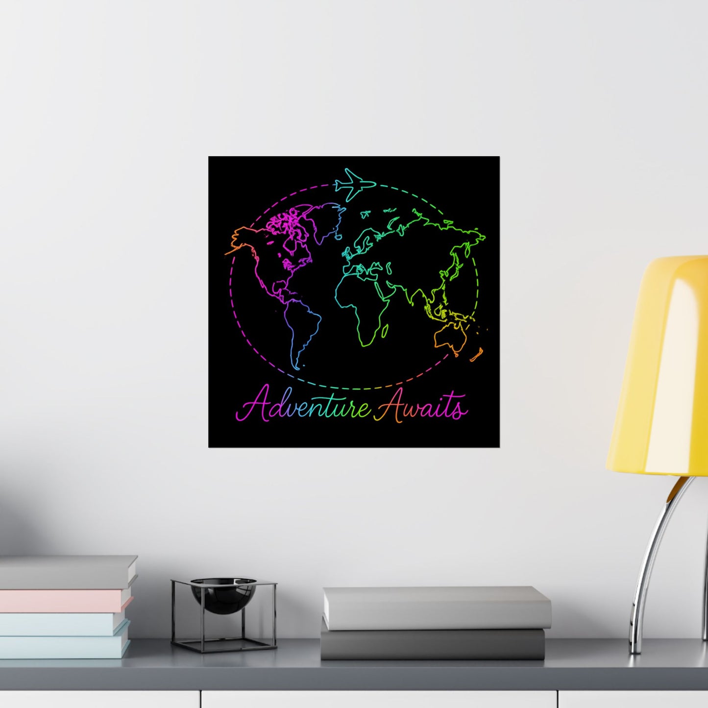 Adventure Awaits Neon Poster - Y2K Rainbow World Map and Plane Wall Art - Travel Aesthetic Decor for Office, Dorm, Bedroom + Gift