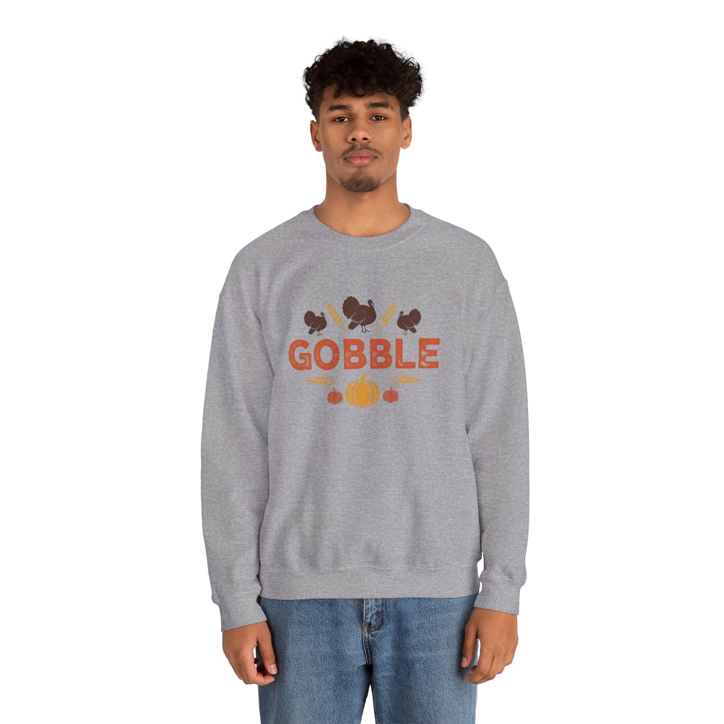 Gobble Turkey Sweatshirt, Thanksgiving Pumpkin Crewneck, Autumn Wheat & Turkey Graphic Pullover, Cozy Fall Family Turkey Day Shirt
