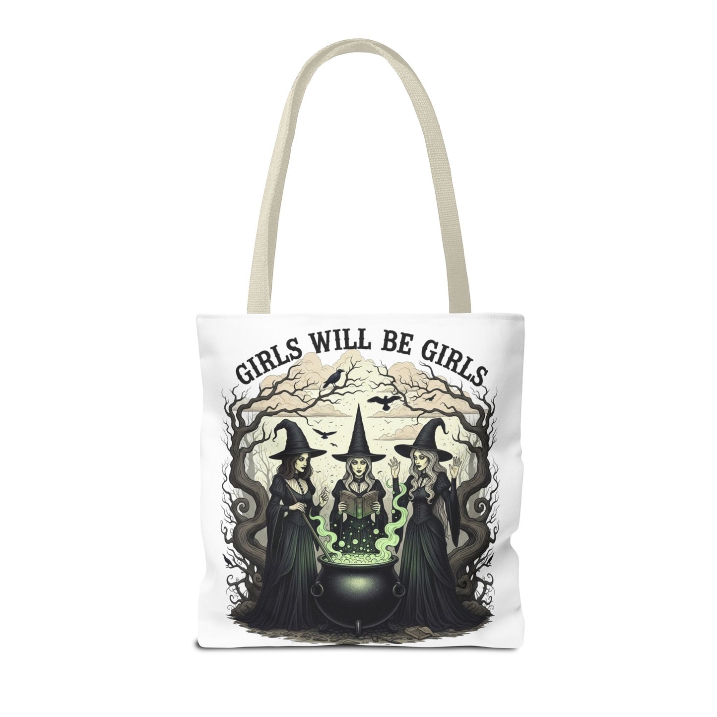 Girls Will Be Girls Halloween Tote Bag, Witchy Aesthetic Bag, Gothic Witches Cauldron Art, Spooky Gift, Reusable Eco Tote For Halloween Lovers