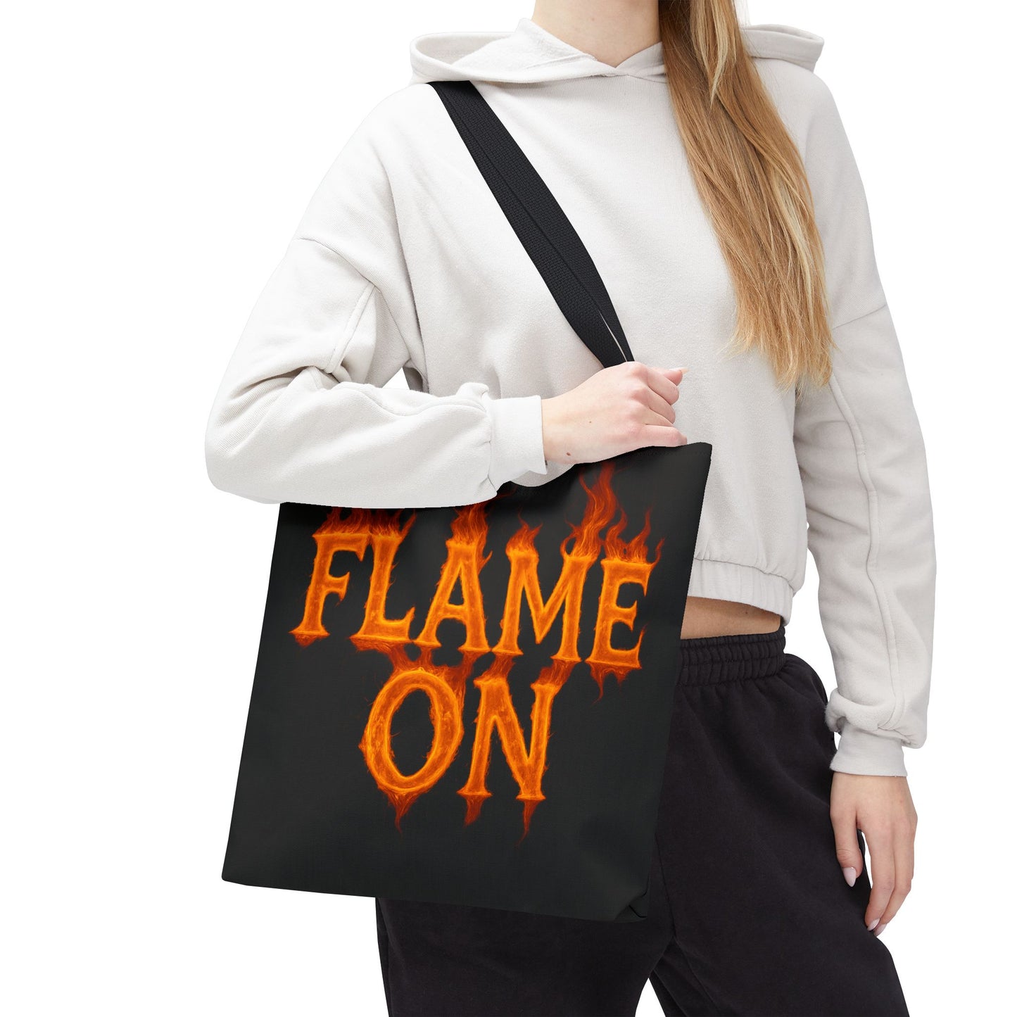 Flame On Tote Bag - Fire Typography Black Bag for Book Lovers, Gym, or Groceries | Bold Comic-Inspired Catchphrase Tote