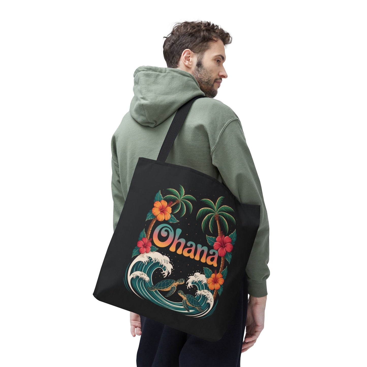 Ohana Tote Bag – Hawaiian Beach Tote with Sea Turtles & Palm Trees – Floral Tropical Reusable Bag, Summer Gift, Aesthetic Travel Purse