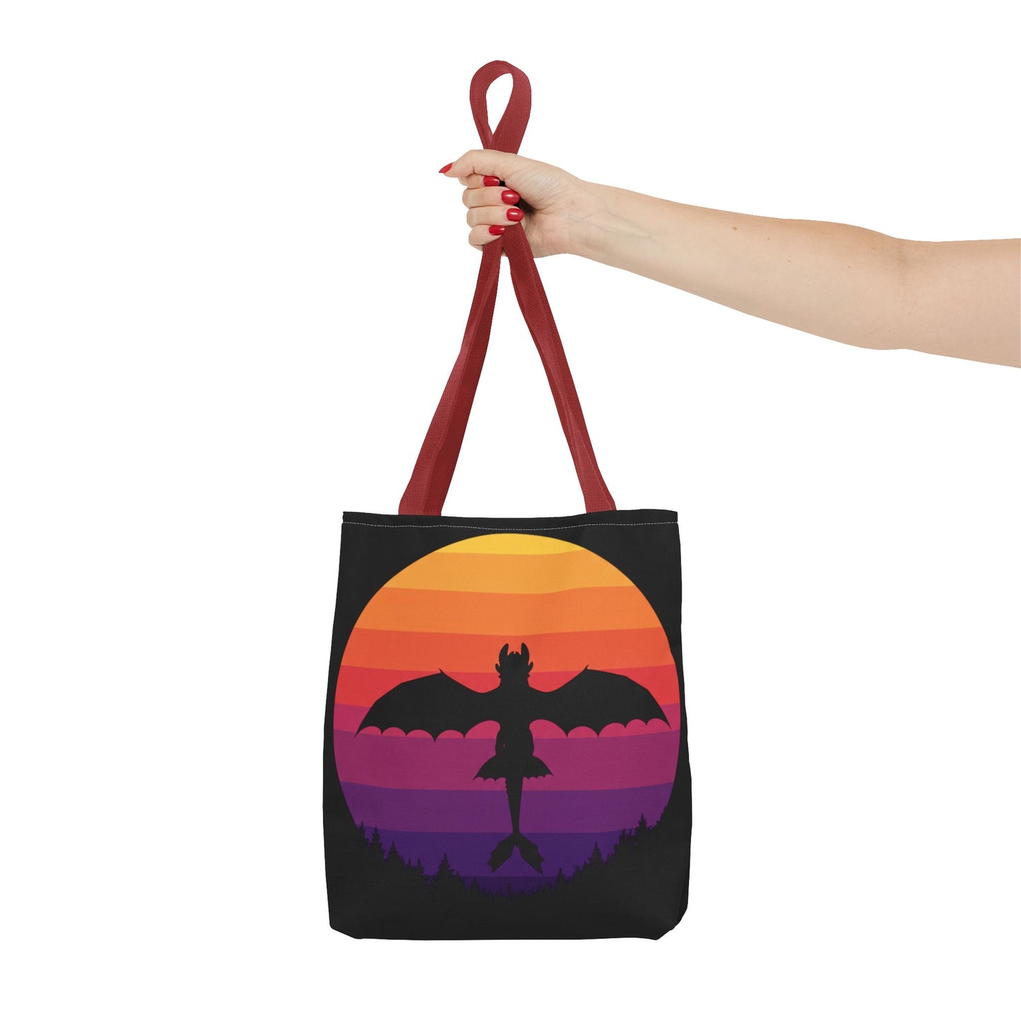 Sunset Dragon Flight Tote Bag, Reusable Eco-Friendly Shoulder Bag With Silhouette Design, Aesthetic Black Tote For Everyday Use And Gifts