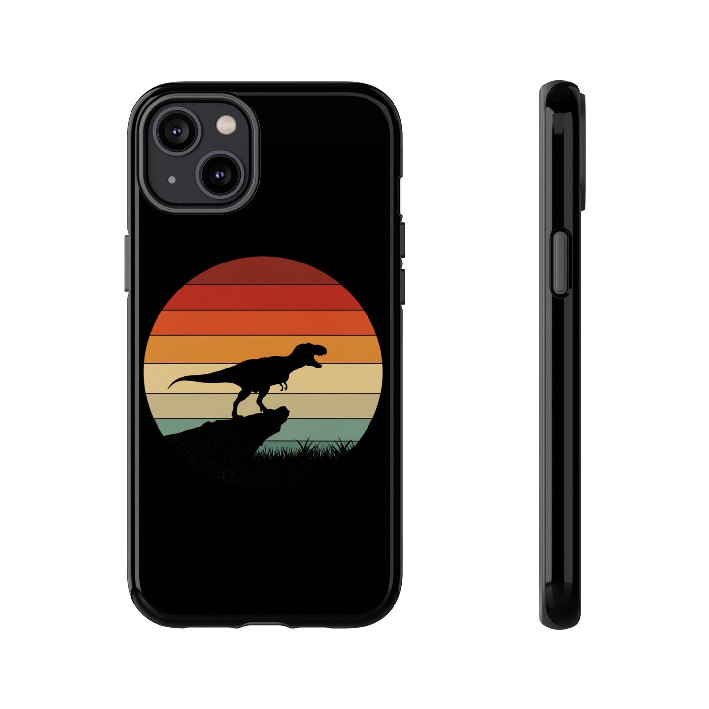 Retro Sunset Dinosaur iPhone Case | T‑Rex Silhouette Vintage Phone Cover for iPhone 14/15/16 Pro | Aesthetic Dinosaur Gift