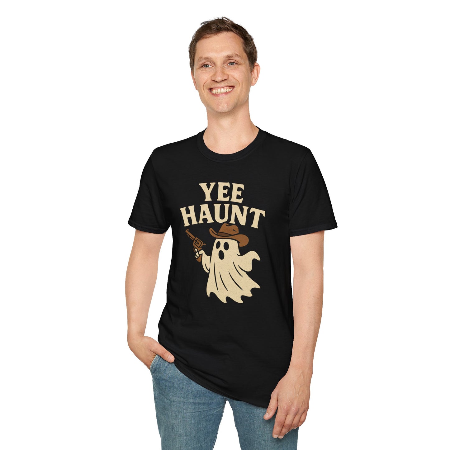 Yee Haunt Ghost Cowboy Halloween Tee - Cute Western Spooky Ghost Shirt - Boo Haw Fall Tee for Ghost Lovers - Unisex Halloween Graphic T-Shirt