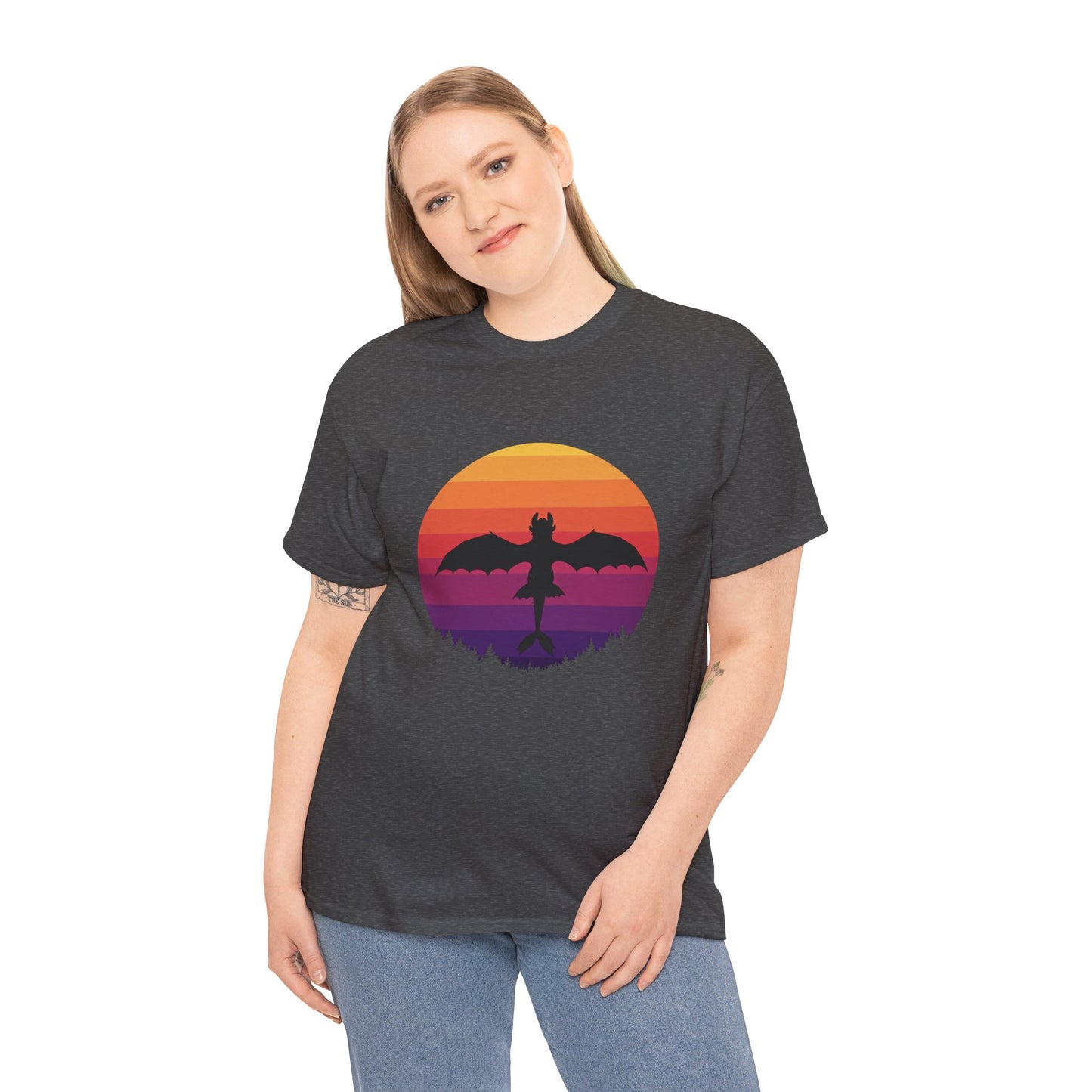 Night Dragon Sunset T-Shirt | Retro Dragon Silhouette Tee | Fantasy Dragon Shirt | Unisex Graphic Tee | Gift for Dragon Lovers