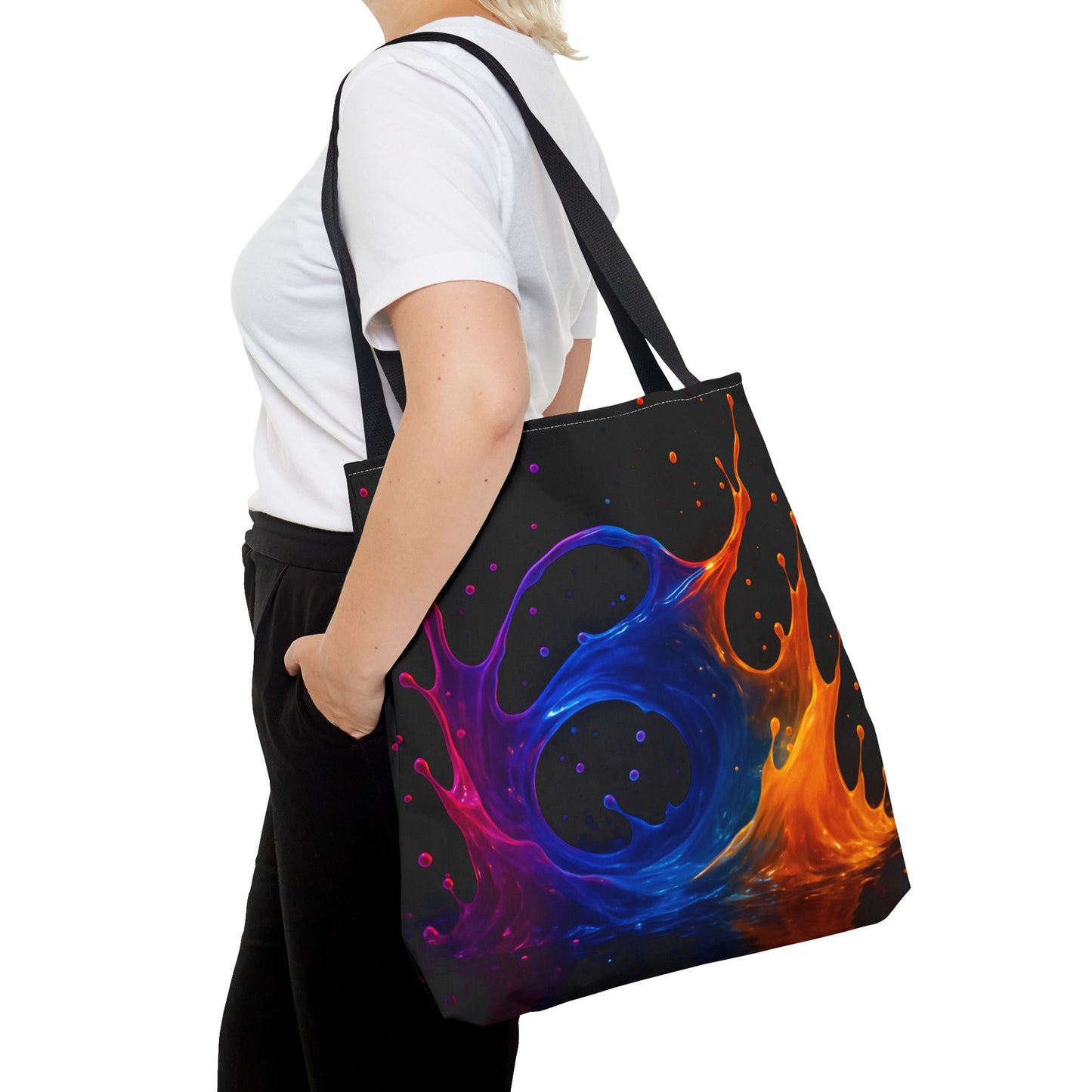 Elemental Fusion Tote Bag, Fire And Water Abstract Art Design, Vibrant Blue And Orange Splash Reusable Tote For Artists, Travel, And Everyday Use