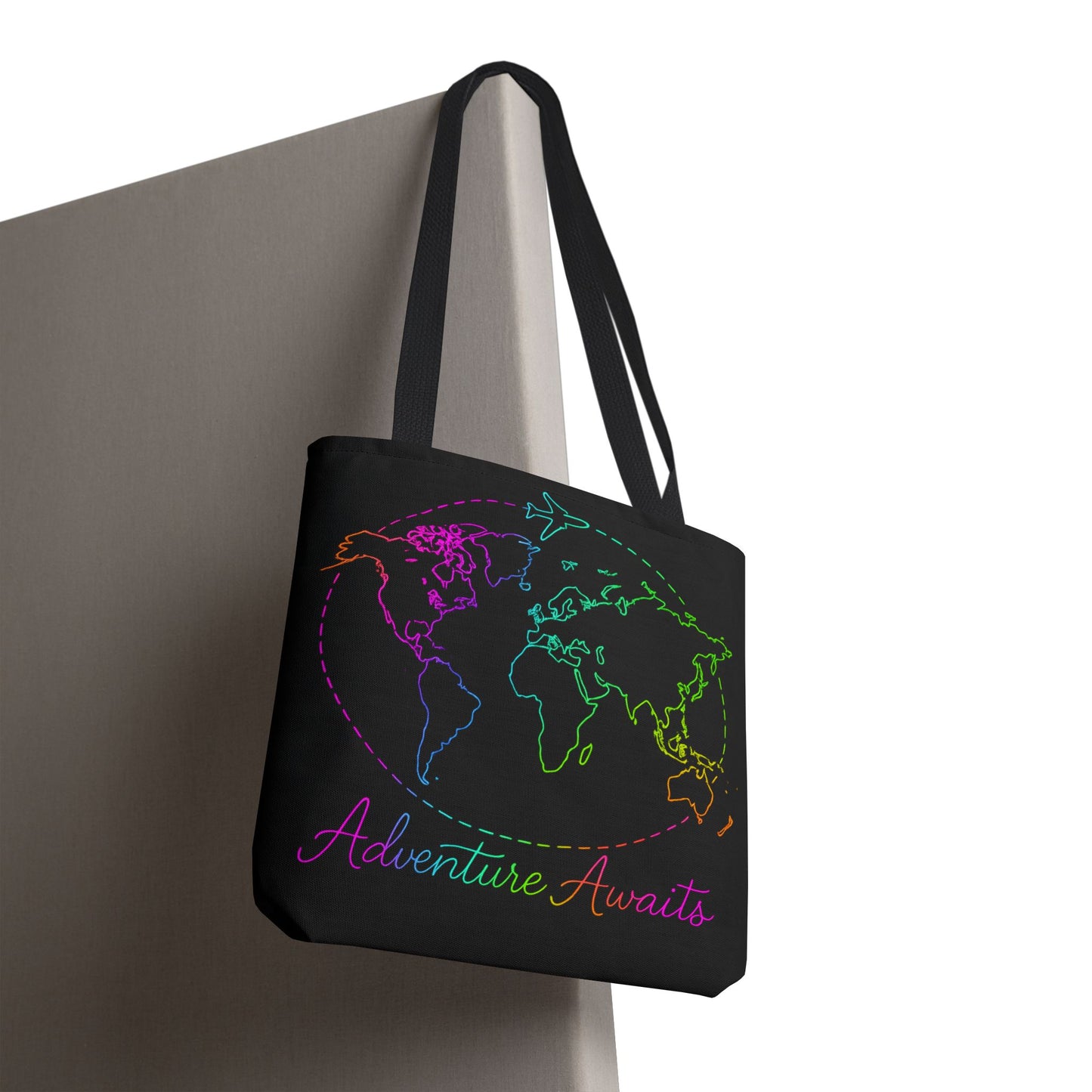 Adventure Awaits Neon Tote Bag - Y2K Rainbow World Map and Plane Travel Tote, Reusable Canvas Tote for Airport, Beach, Market + Gift