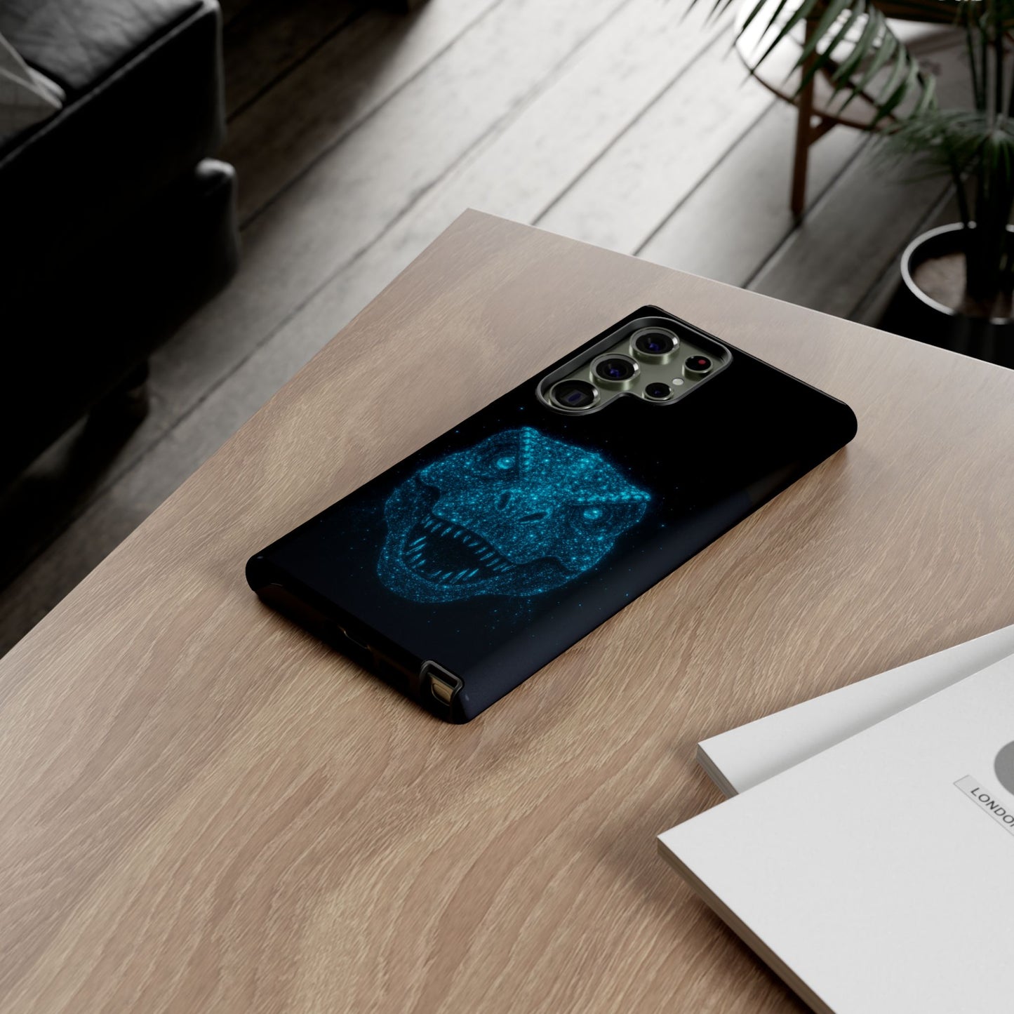 Bioluminescent T-Rex Samsung Case - Galaxy Tough Dual-Layer Cover, Cosmic Dino Particle Design, S25 S24 S23 Gift