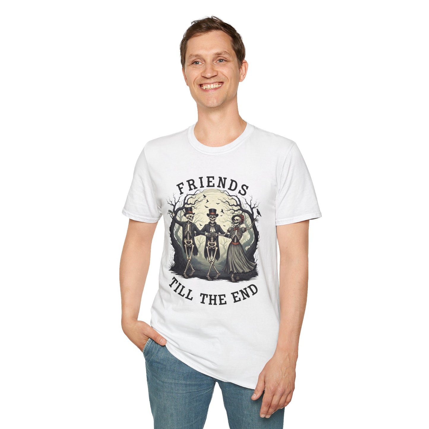 Friends Till The End Skeleton Tee | Dancing Skeleton Friends Shirt | Halloween Gothic BFF Gift | Unisex Heather Grey Graphic T-Shirt