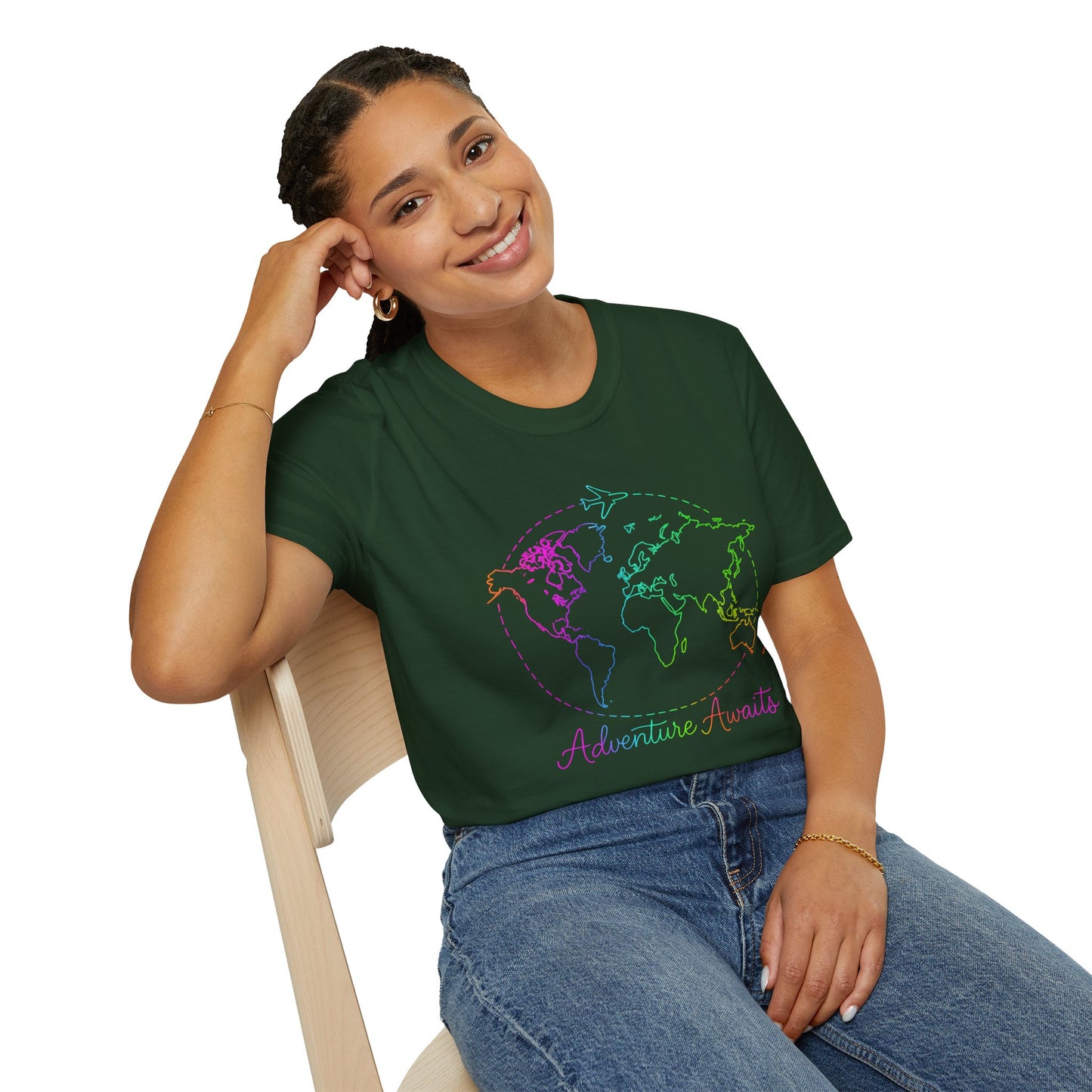 Adventure Awaits Neon Y2K Shirt - Retro Travel Tee, Rainbow Globe Graphic, Aesthetic Vacation Top, Y2K Gift for Travelers