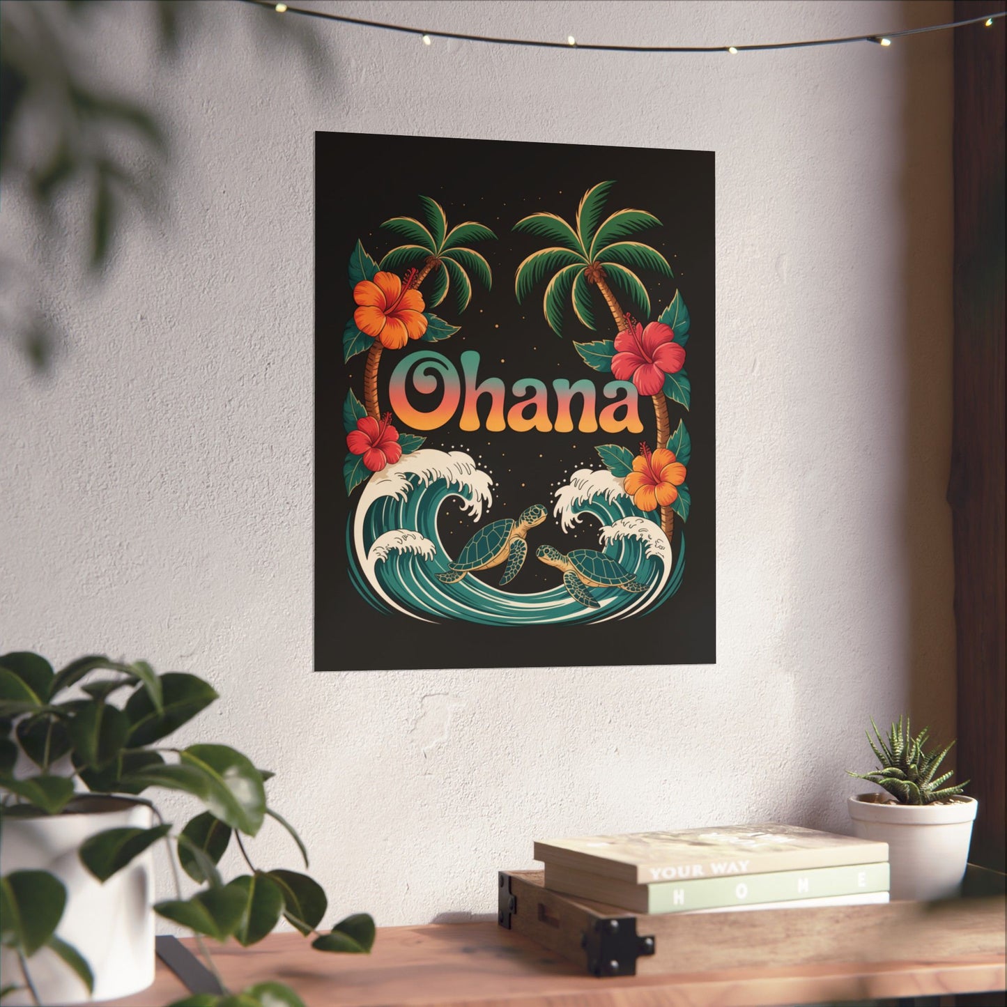 Ohana Hawaiian Wall Art - Tropical Beach Poster with Sea Turtles, Palm Trees & Hibiscus - Island Family Decor for Home or Office