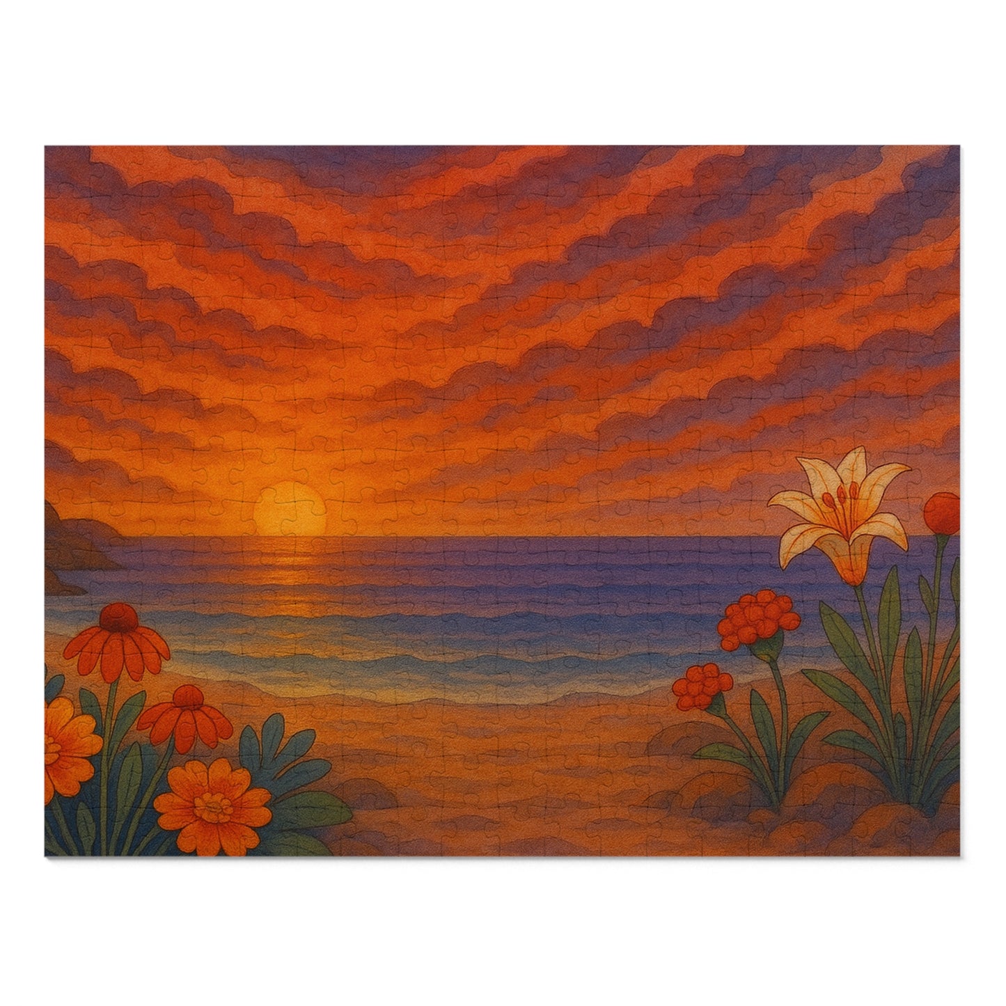 Jigsaw Puzzle: Floral Ocean Sunset Nautical Puzzle Seaside Game Family Fun Night