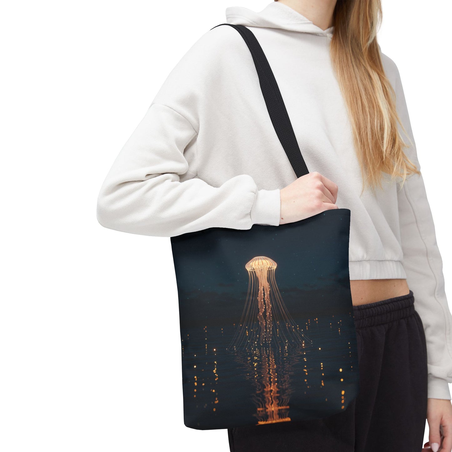 Luminous Jellyfish Tote Bag, Glow-Inspired Ocean Design Shoulder Bag, Durable Polyester Tote For Everyday Style, Gifts, And Coastal Fashion