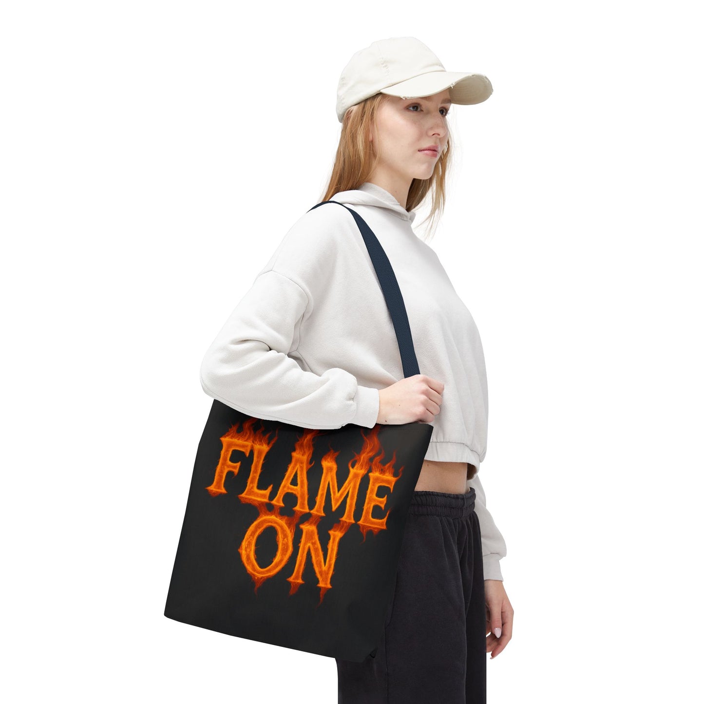 Flame On Tote Bag - Fire Typography Black Bag for Book Lovers, Gym, or Groceries | Bold Comic-Inspired Catchphrase Tote