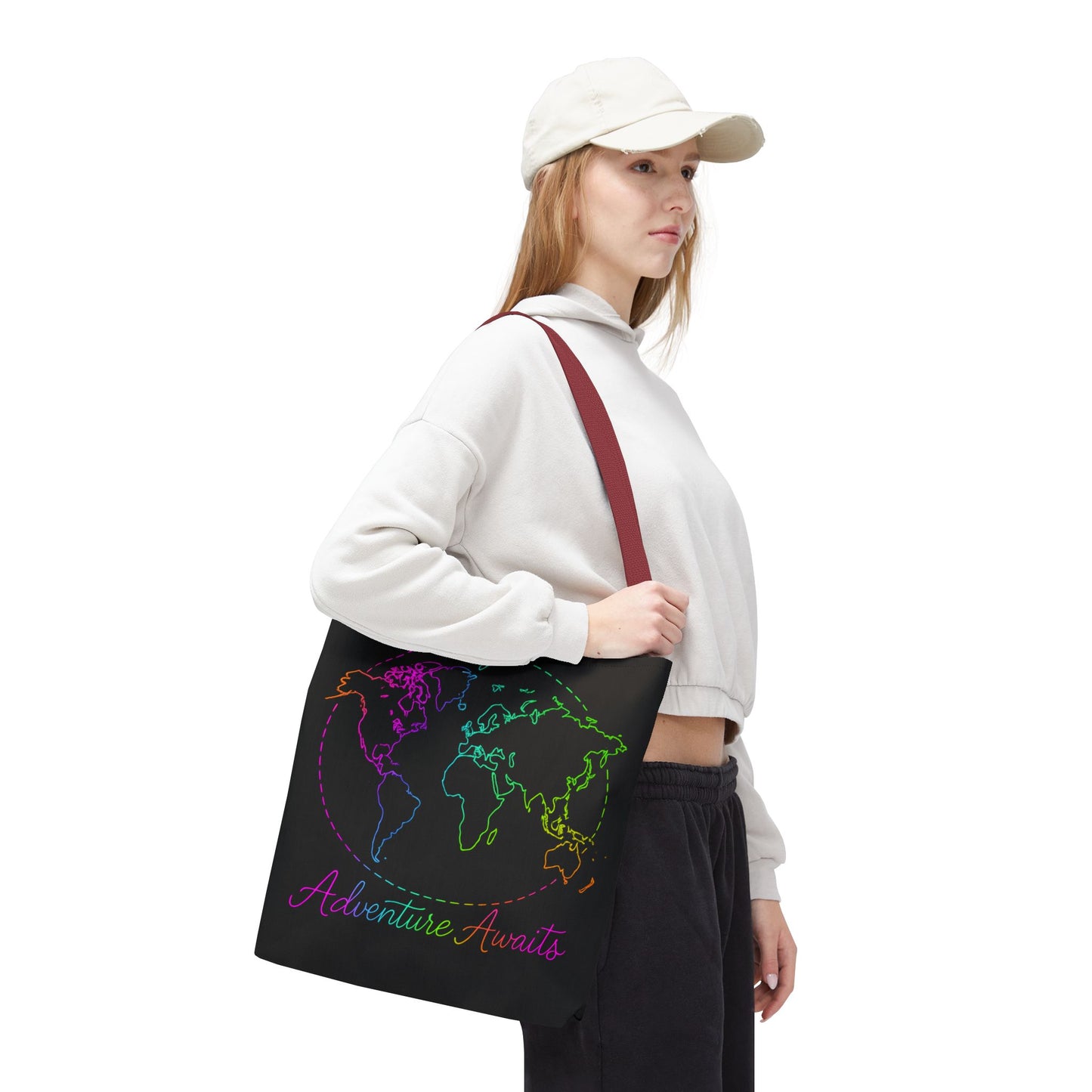 Adventure Awaits Neon Tote Bag - Y2K Rainbow World Map and Plane Travel Tote, Reusable Canvas Tote for Airport, Beach, Market + Gift