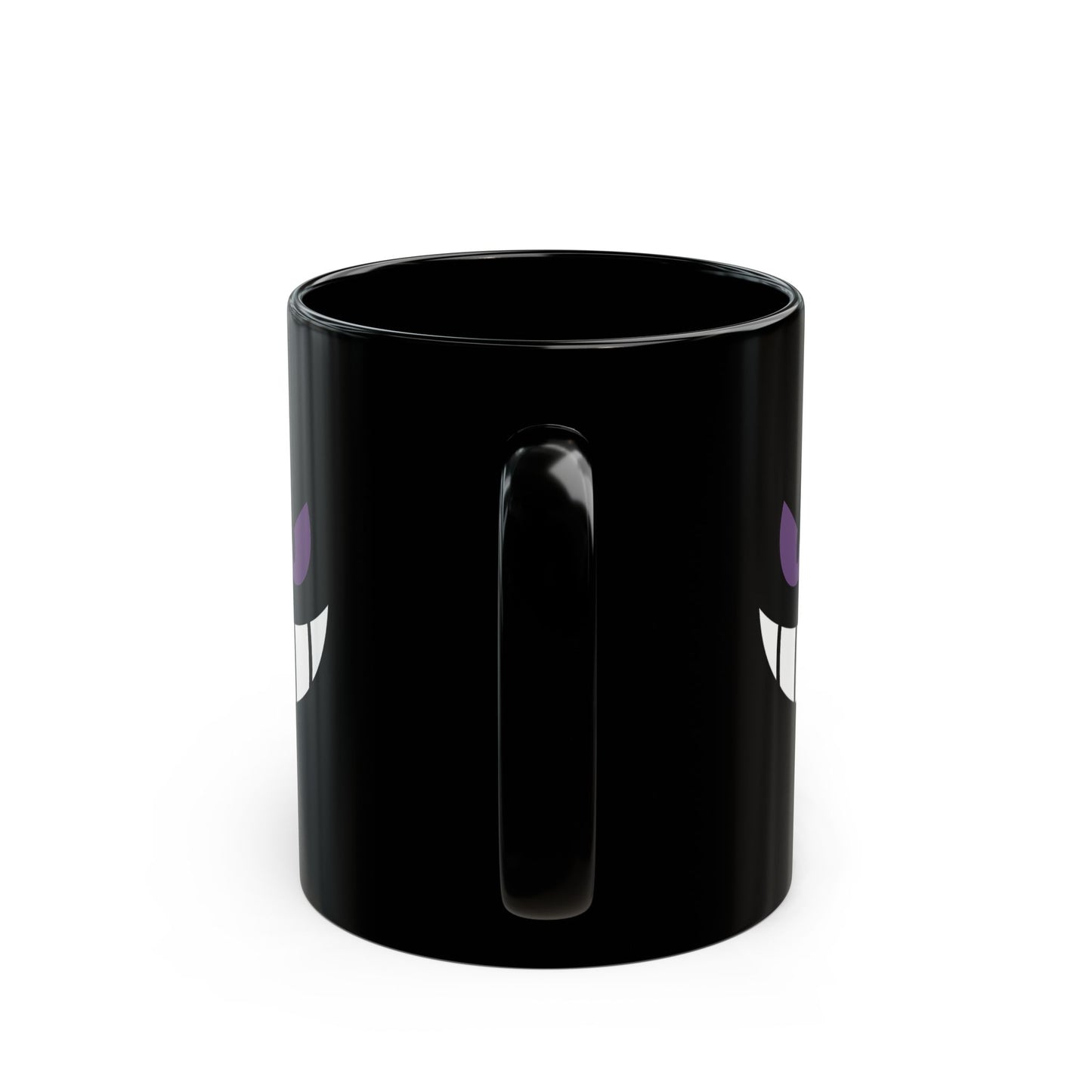 Mischievous Purple Eyes Mug - Black Coffee Cup with Spooky Grin - Cute Yet Creepy Gift for Gamers, Anime Fans, and Coffee Lovers