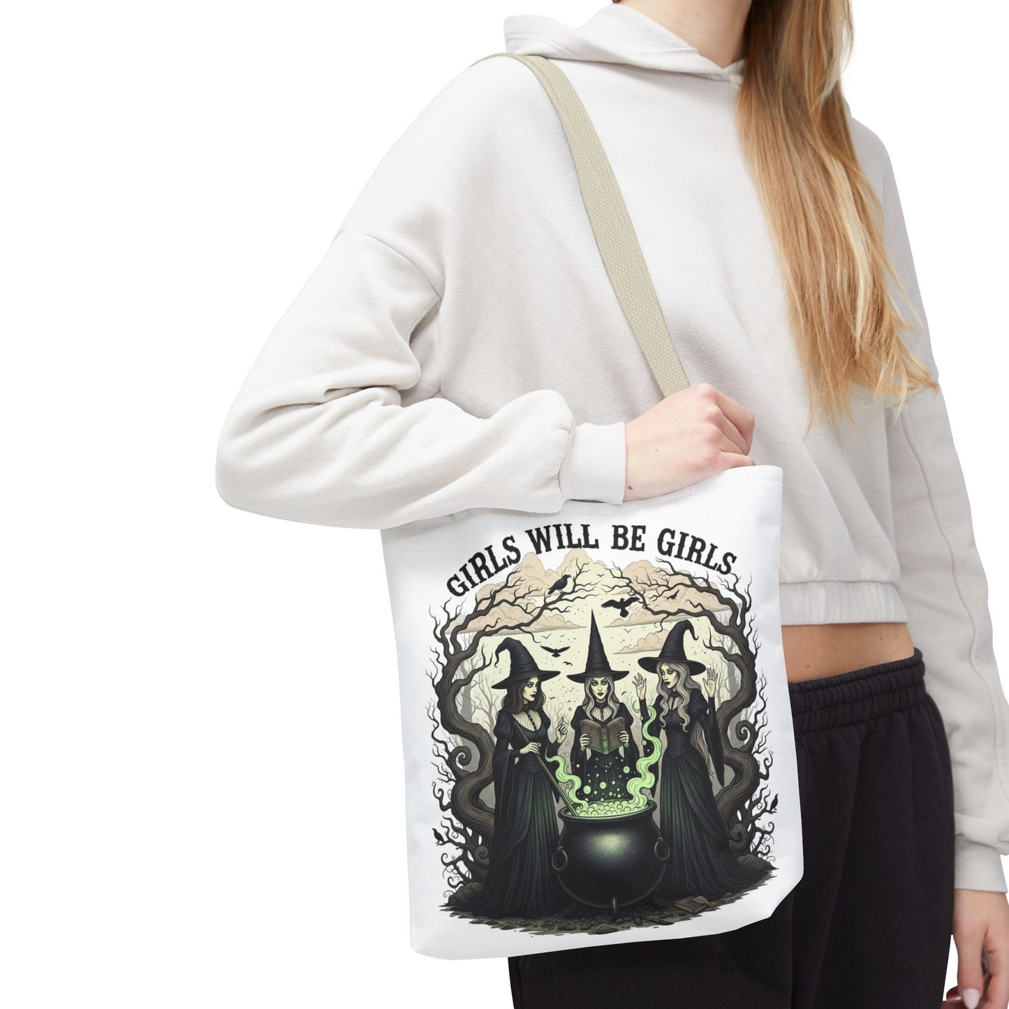 Girls Will Be Girls Halloween Tote Bag, Witchy Aesthetic Bag, Gothic Witches Cauldron Art, Spooky Gift, Reusable Eco Tote For Halloween Lovers