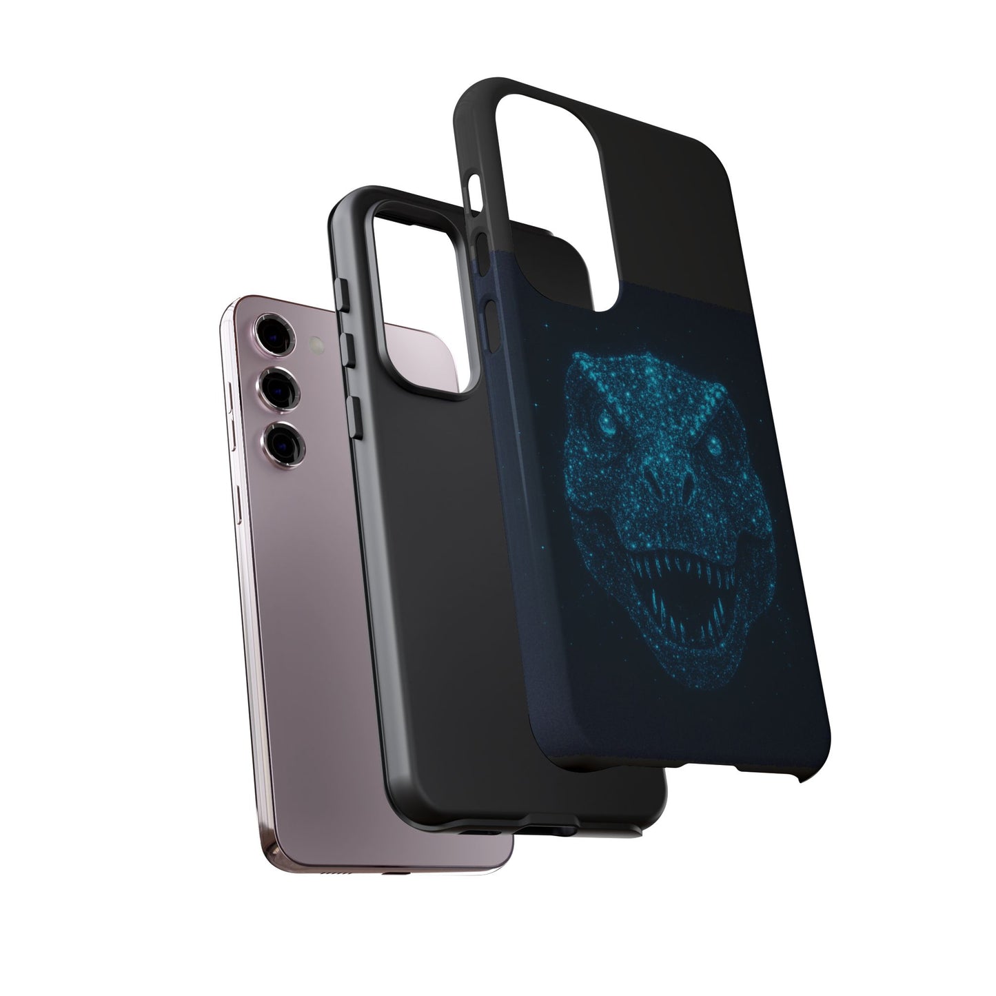 Bioluminescent T-Rex Samsung Case - Galaxy Tough Dual-Layer Cover, Cosmic Dino Particle Design, S25 S24 S23 Gift