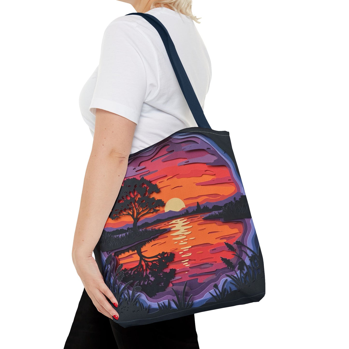 Sunset Landscape Canvas Tote Bag – Paper‑Art Inspired Nature Scene Tote – Colorful Sunset Market Tote, Eco Reusable Beach Bag, Vibrant Gift for Her