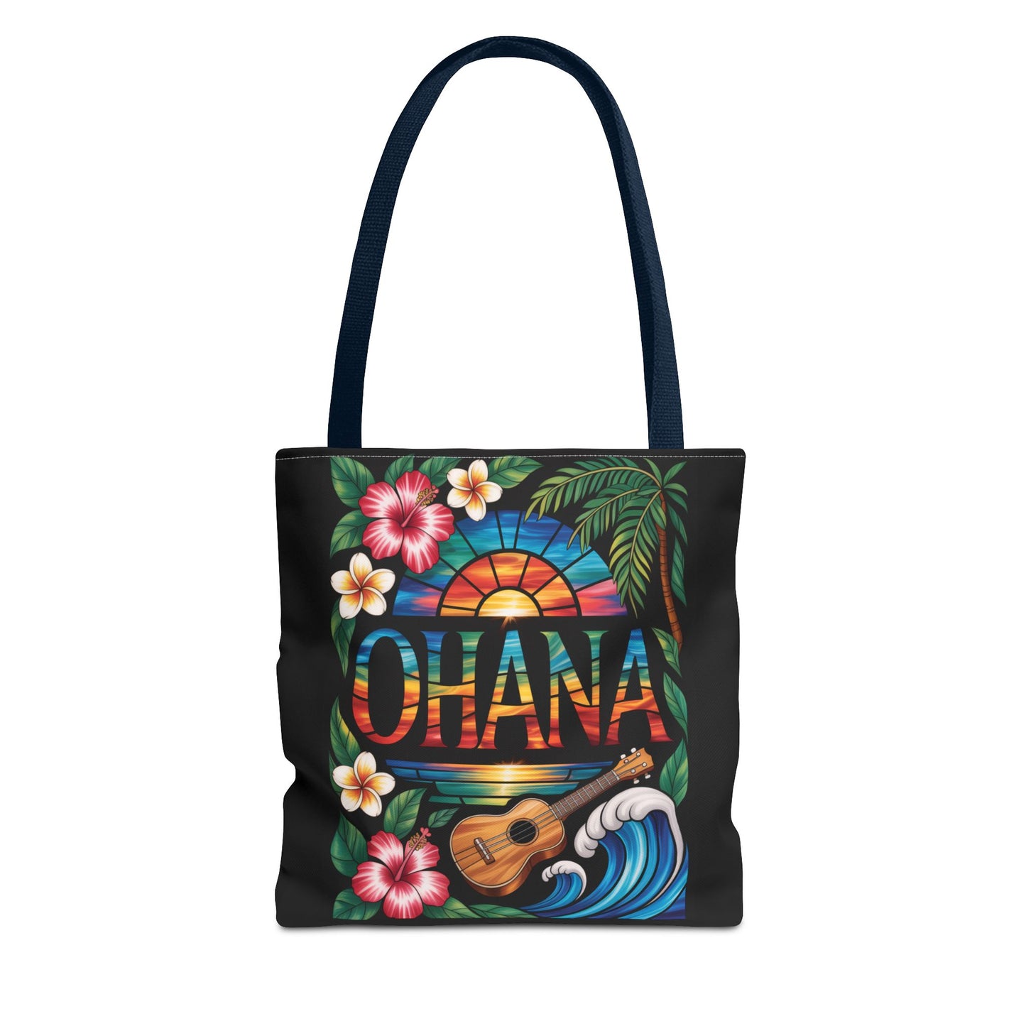 Ohana Tote Bag – Hawaiian Tropical Beach Bag with Ukulele, Sunset & Hibiscus Flowers, Island Gift for Women, Aloha Family Vibes
