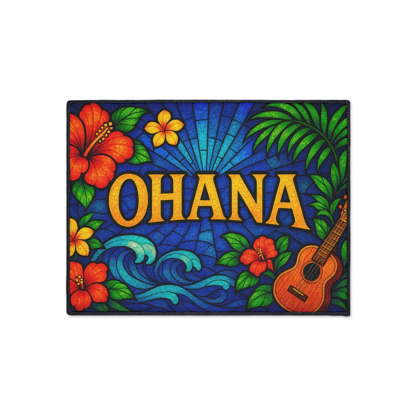 Ohana Welcome Mat - Tropical Hawaiian Rug for Entryway or Kitchen, Family Theme Doormat with Floral Aloha Vibes, Indoor Home Decor